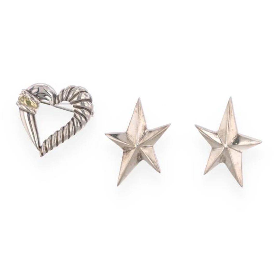 Silver Star Motif Earrings and Heart Motif Brooch