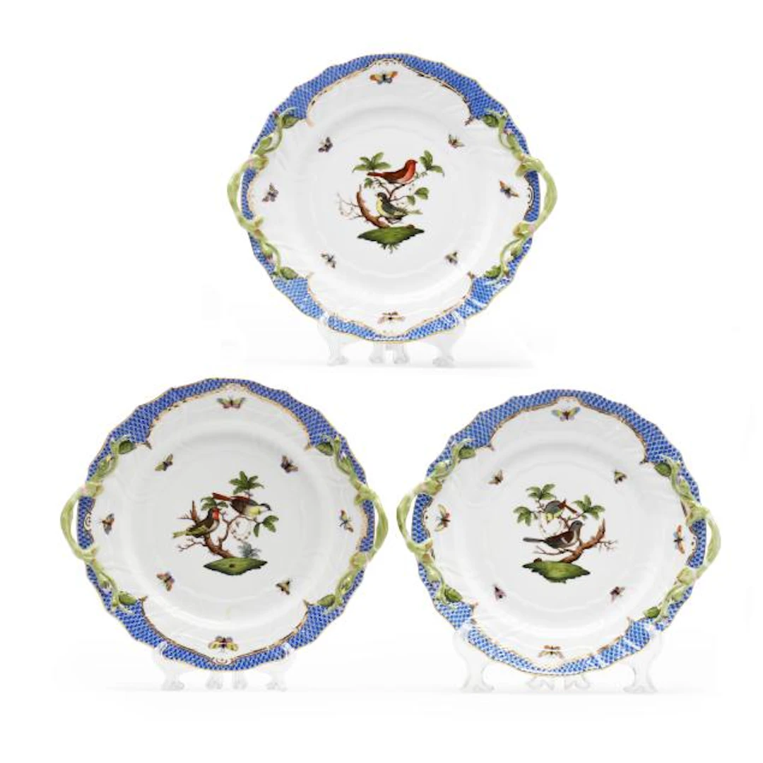 Three Herend Rothschild Bird Blue Border Handled Chop Plates