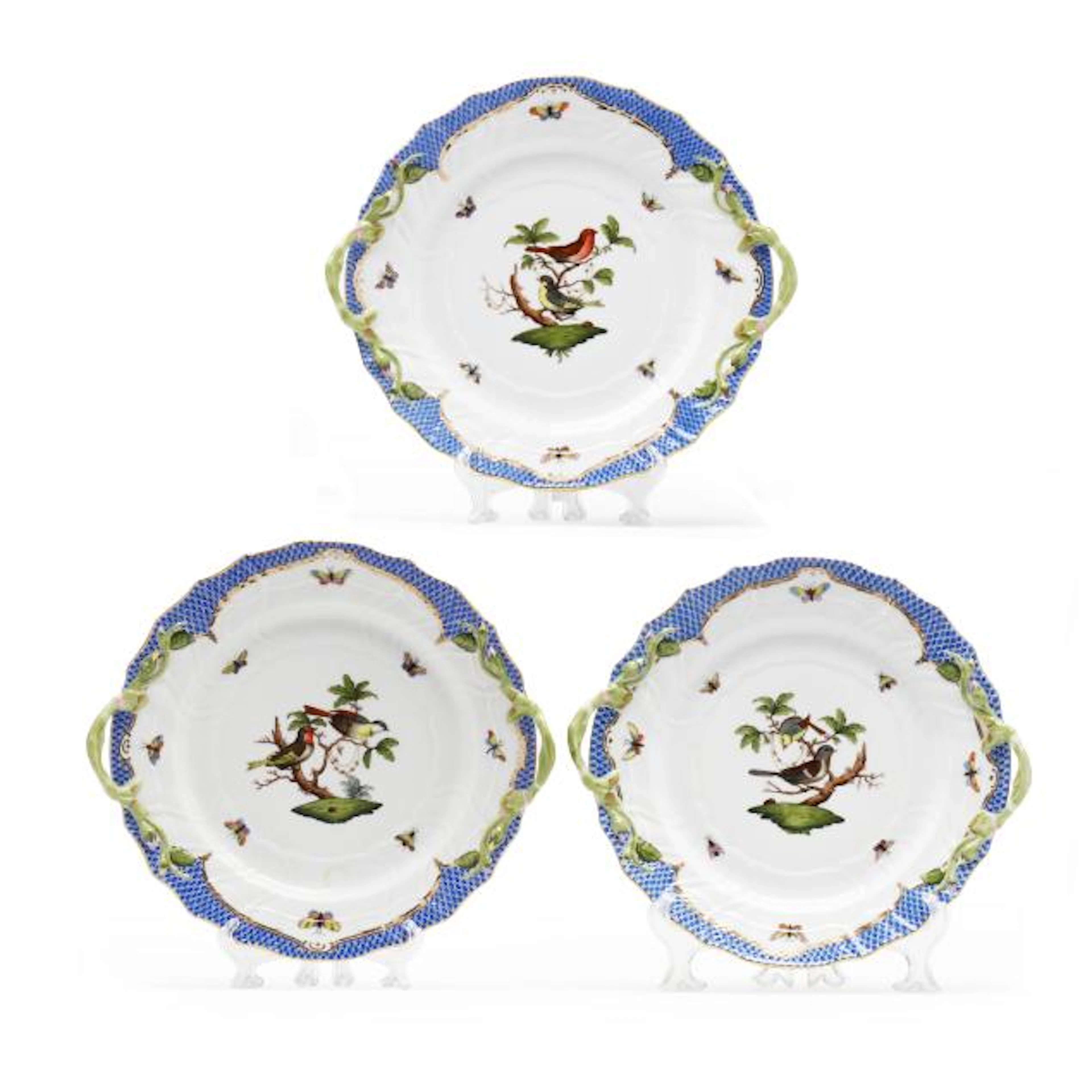 Three Herend Rothschild Bird Blue Border Handled Chop Plates