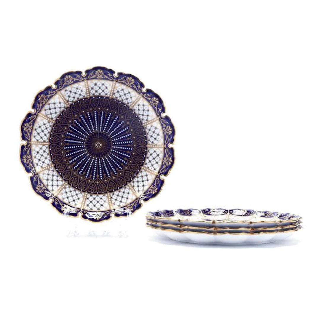 Copeland for Ovington Brothers, Set of Four Cobalt and Gilt Luncheon Plates