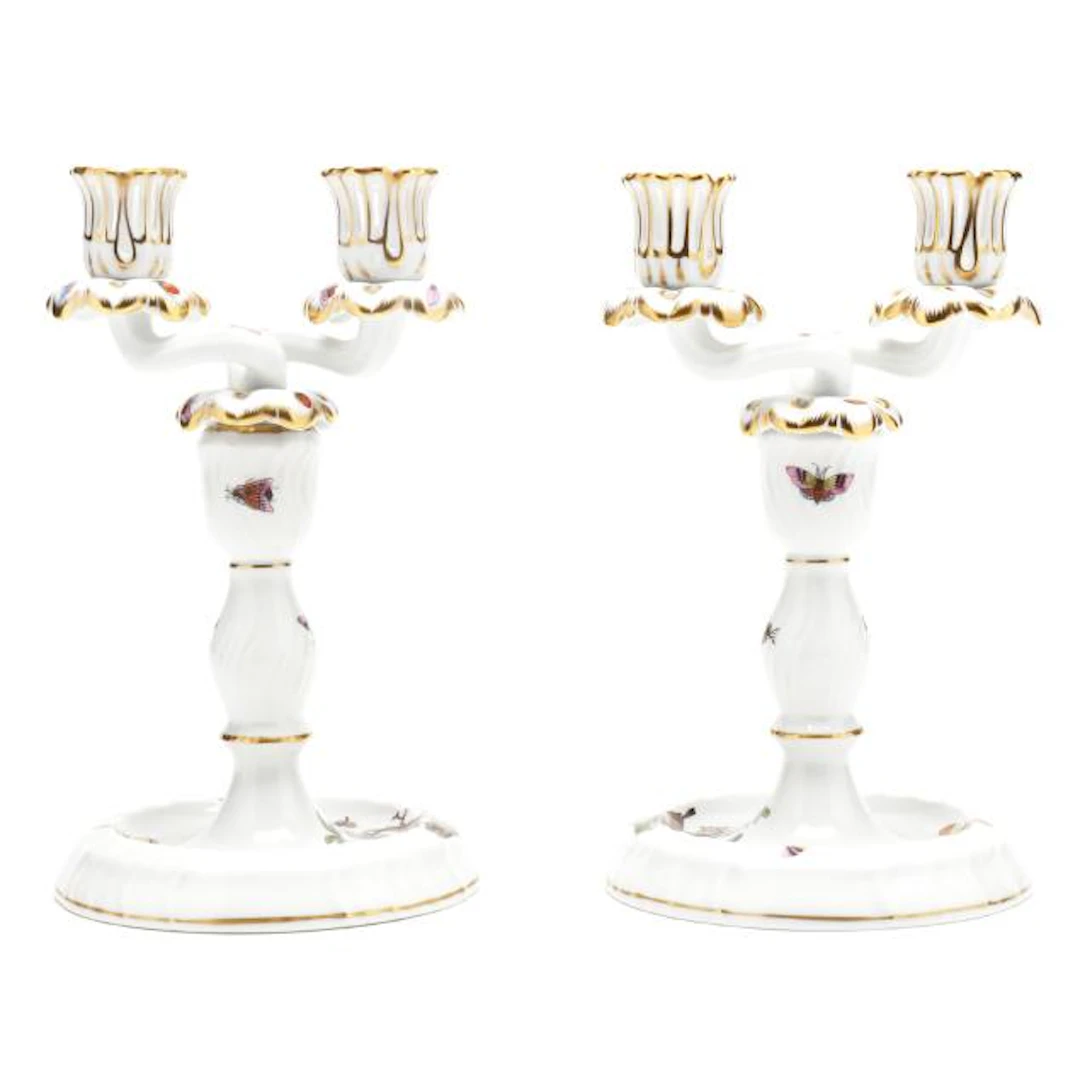 Pair of Herend Rothschild Bird Double Light Candlesticks