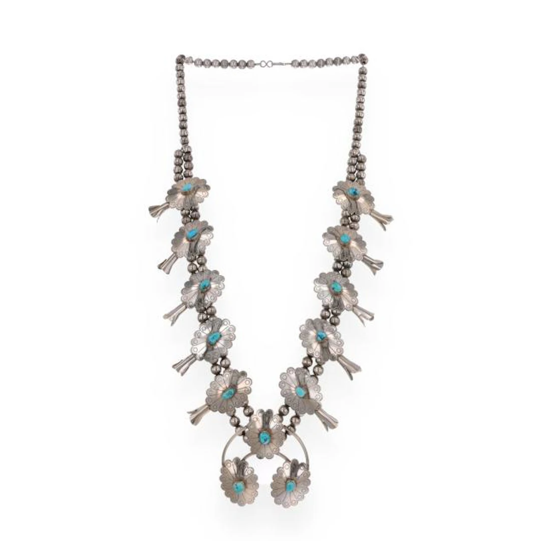 Silver and Turquoise Squash Blossom Necklace