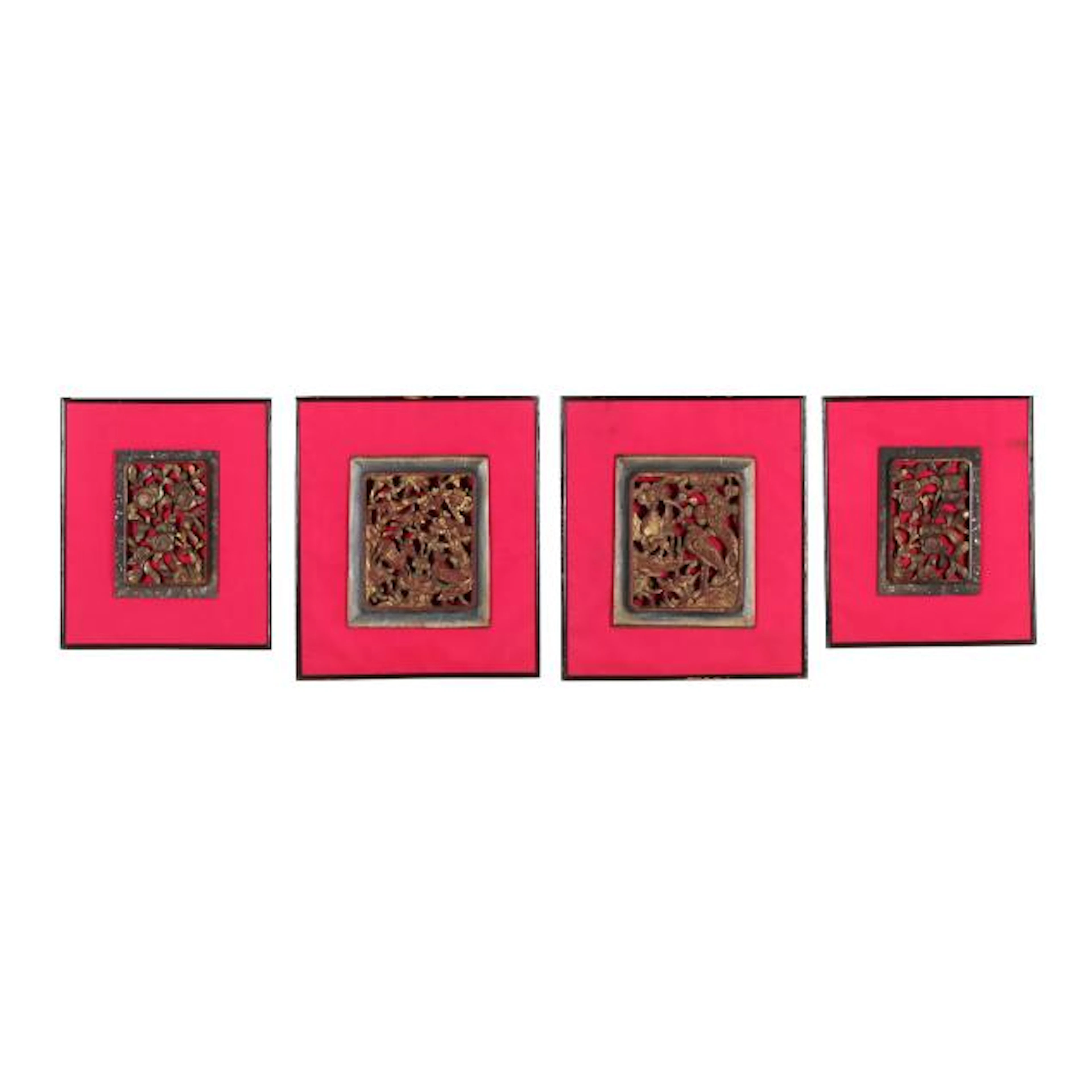Two Pairs of Chinese Carved Wooden Panels Framed
