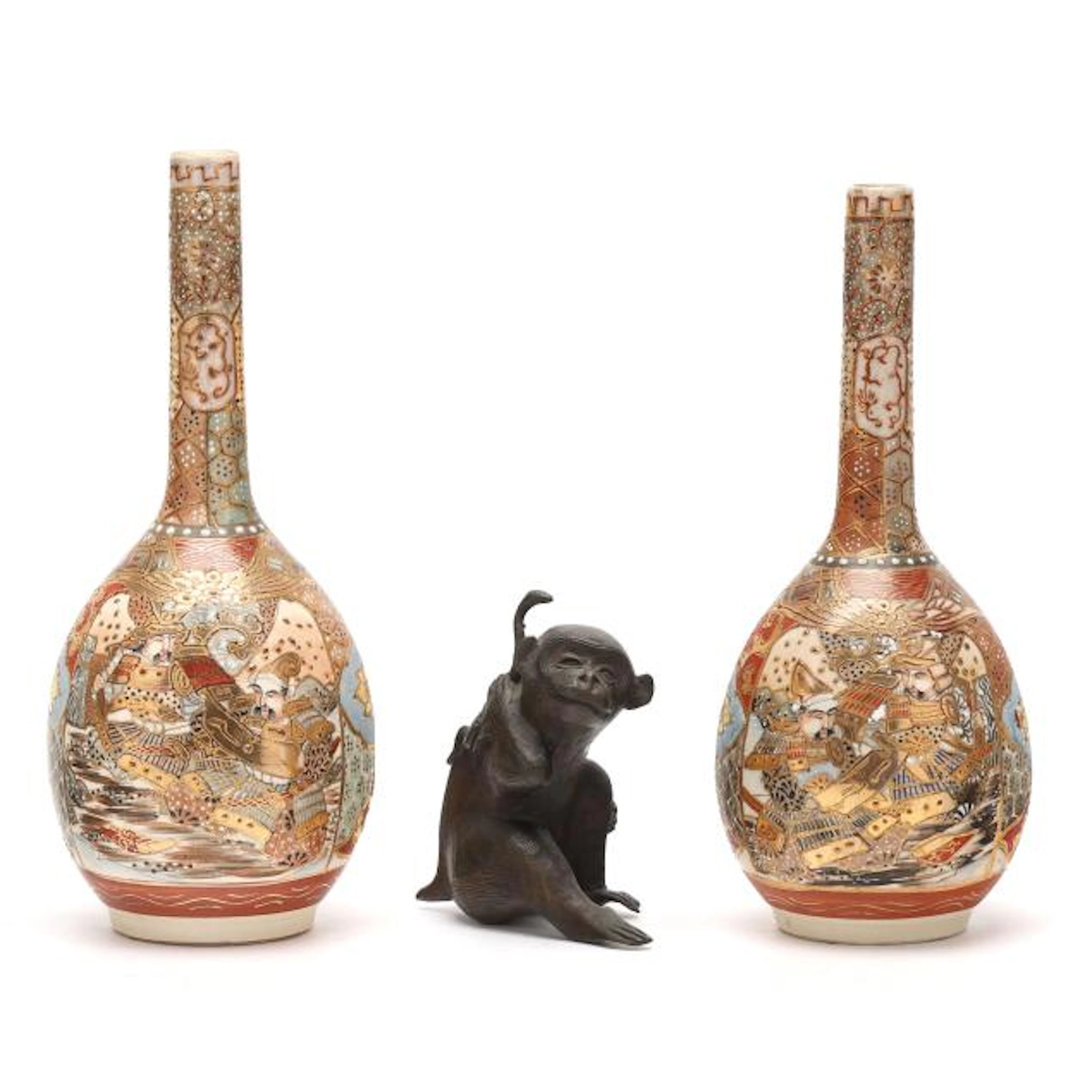 A Japanese Bronze Monkey Okimono and Pair of Satsuma Vases