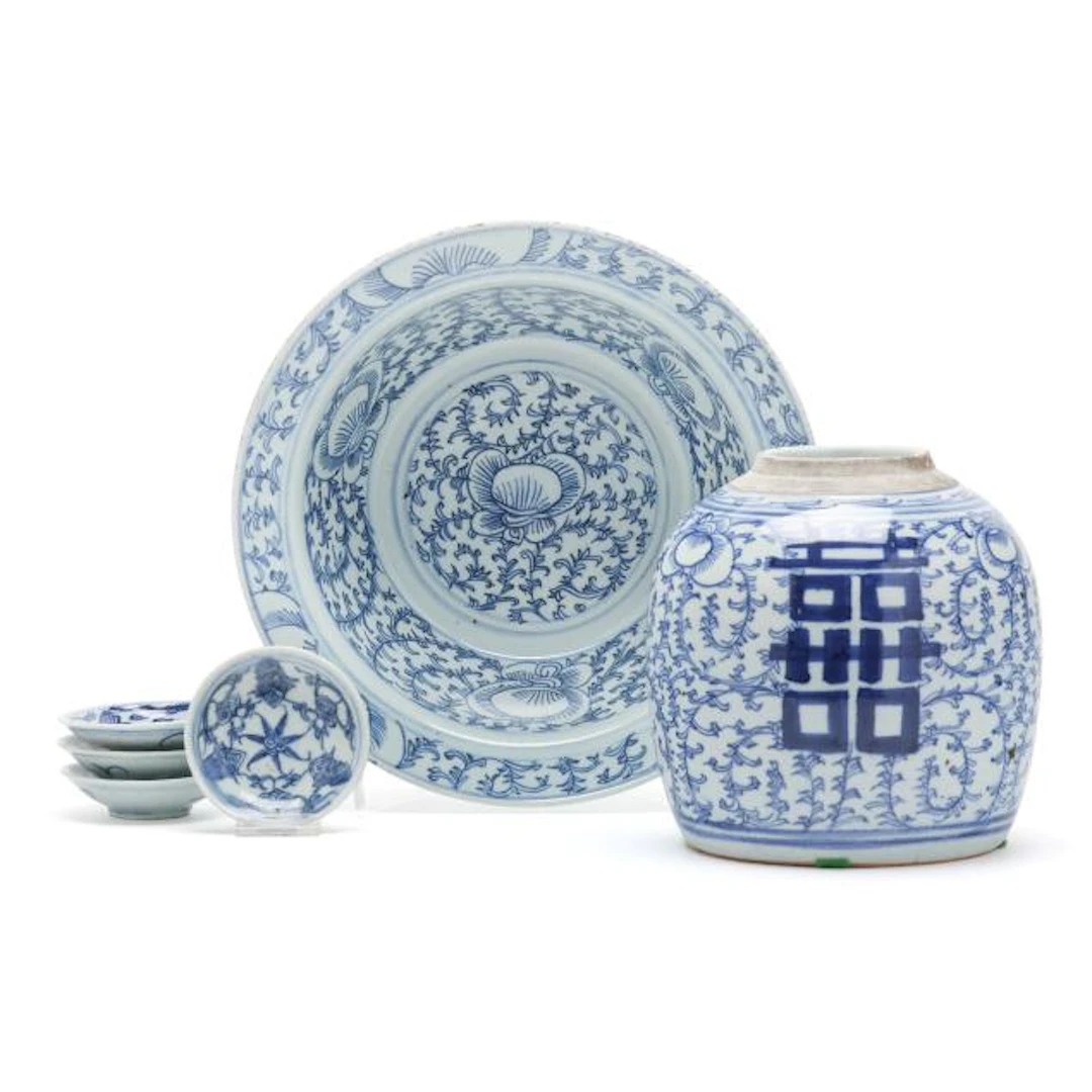 A Group of Chinese Blue and White Peony Scroll Porcelain