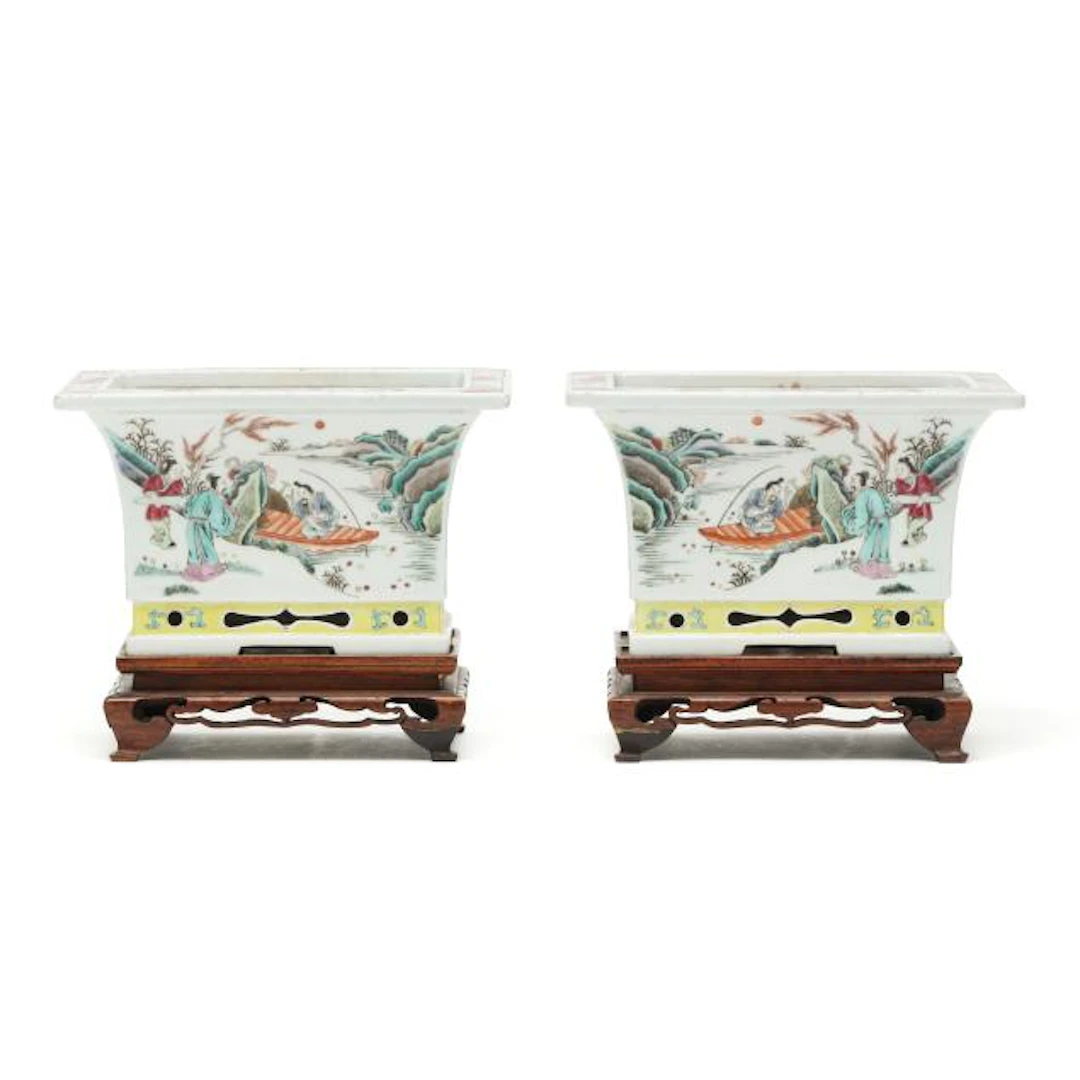 A Pair of Chinese Porcelain Famille Rose Jardinieres with Stands