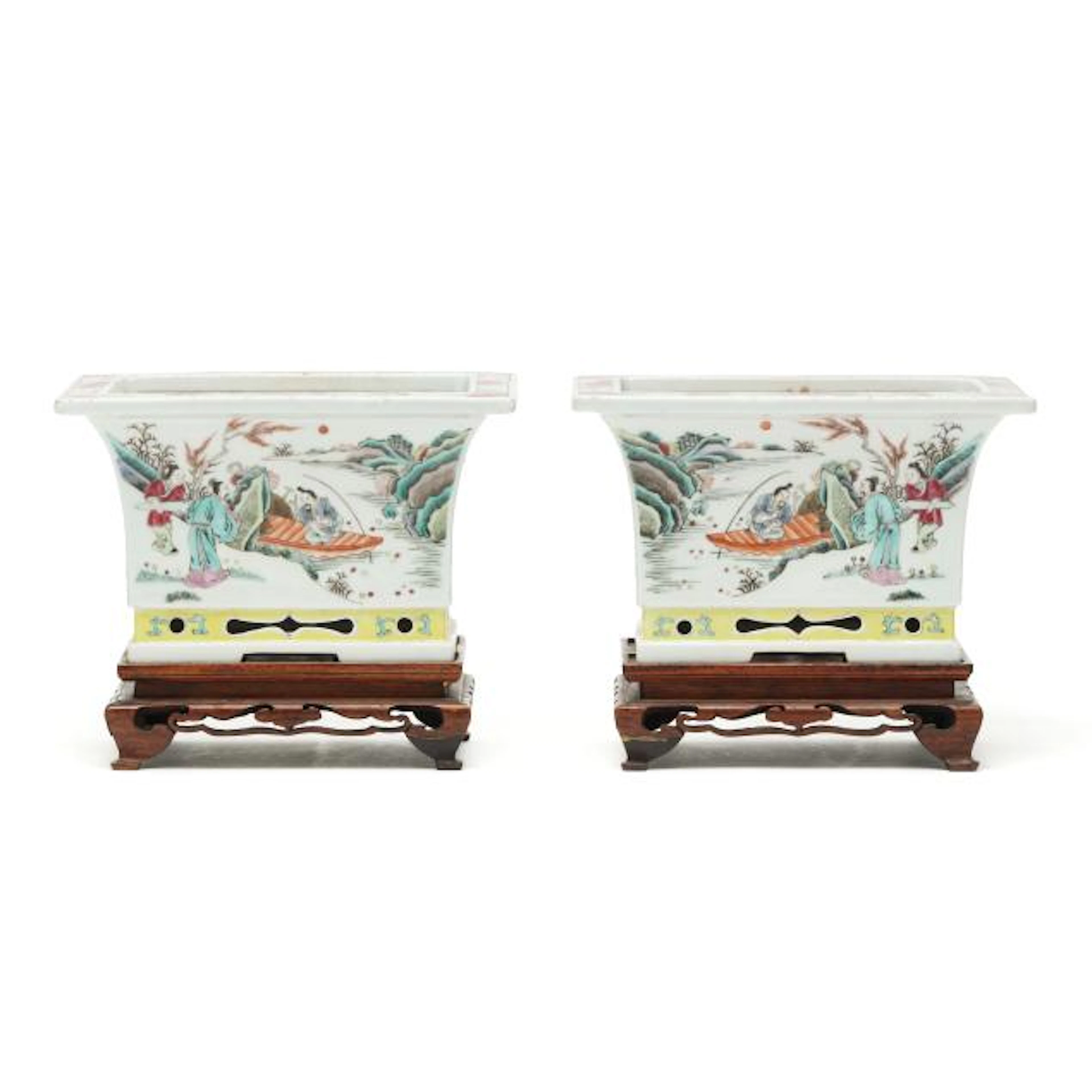A Pair of Chinese Porcelain Famille Rose Jardinieres with Stands
