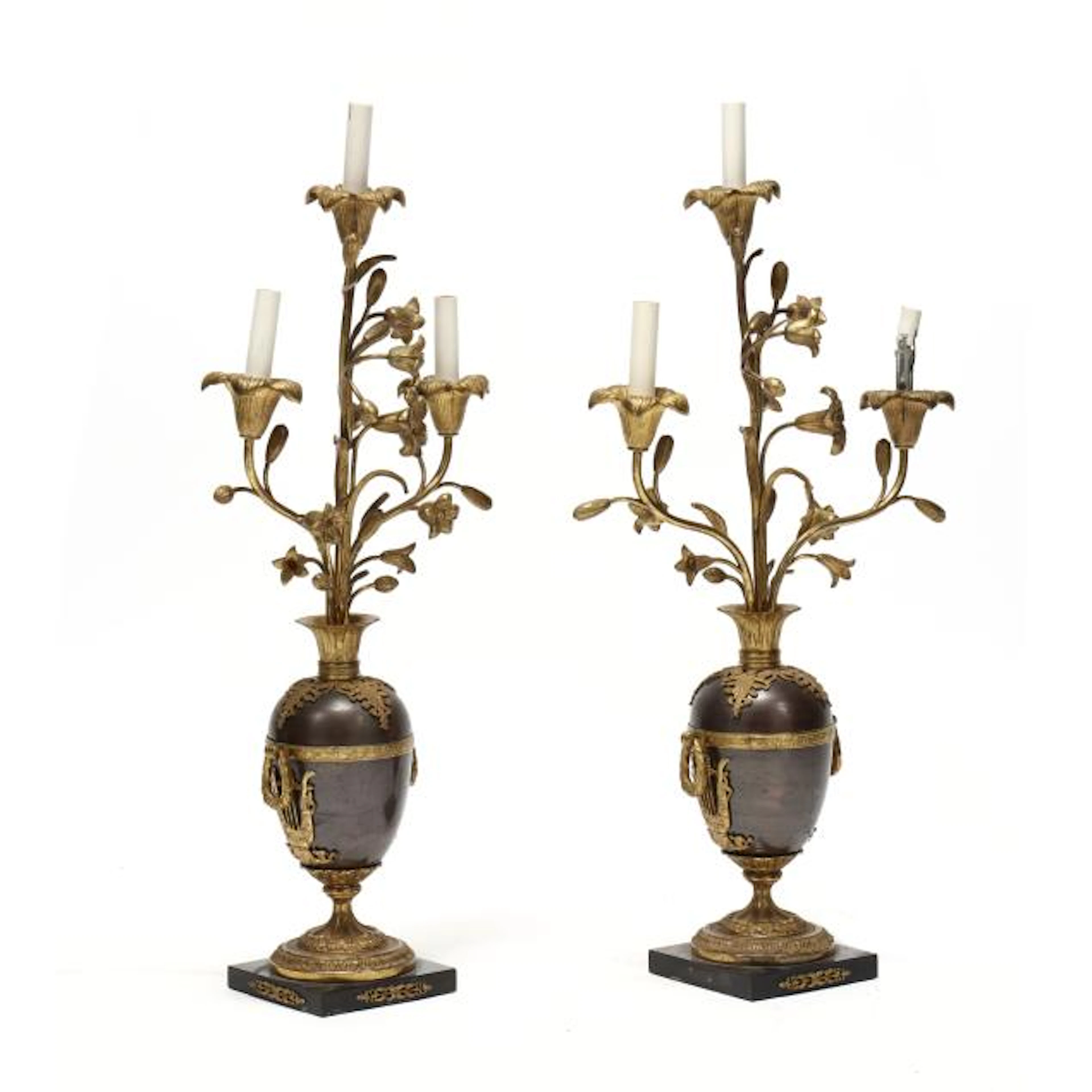 A Pair of Vase Form Gilded Candelabra Lamps