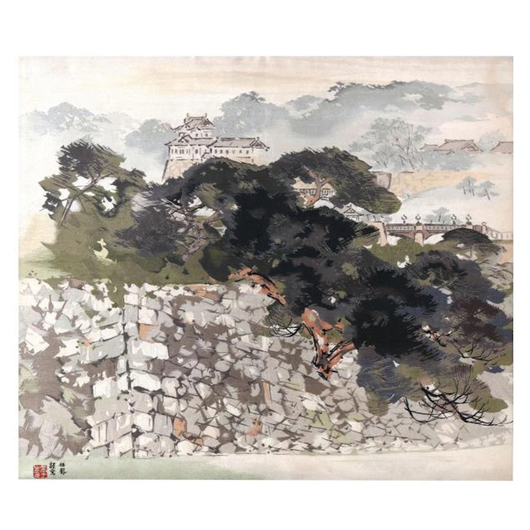 After Takeuchi Seiho (Japanese, 1864–1942), Woven Tapestry of a Japanese Castle