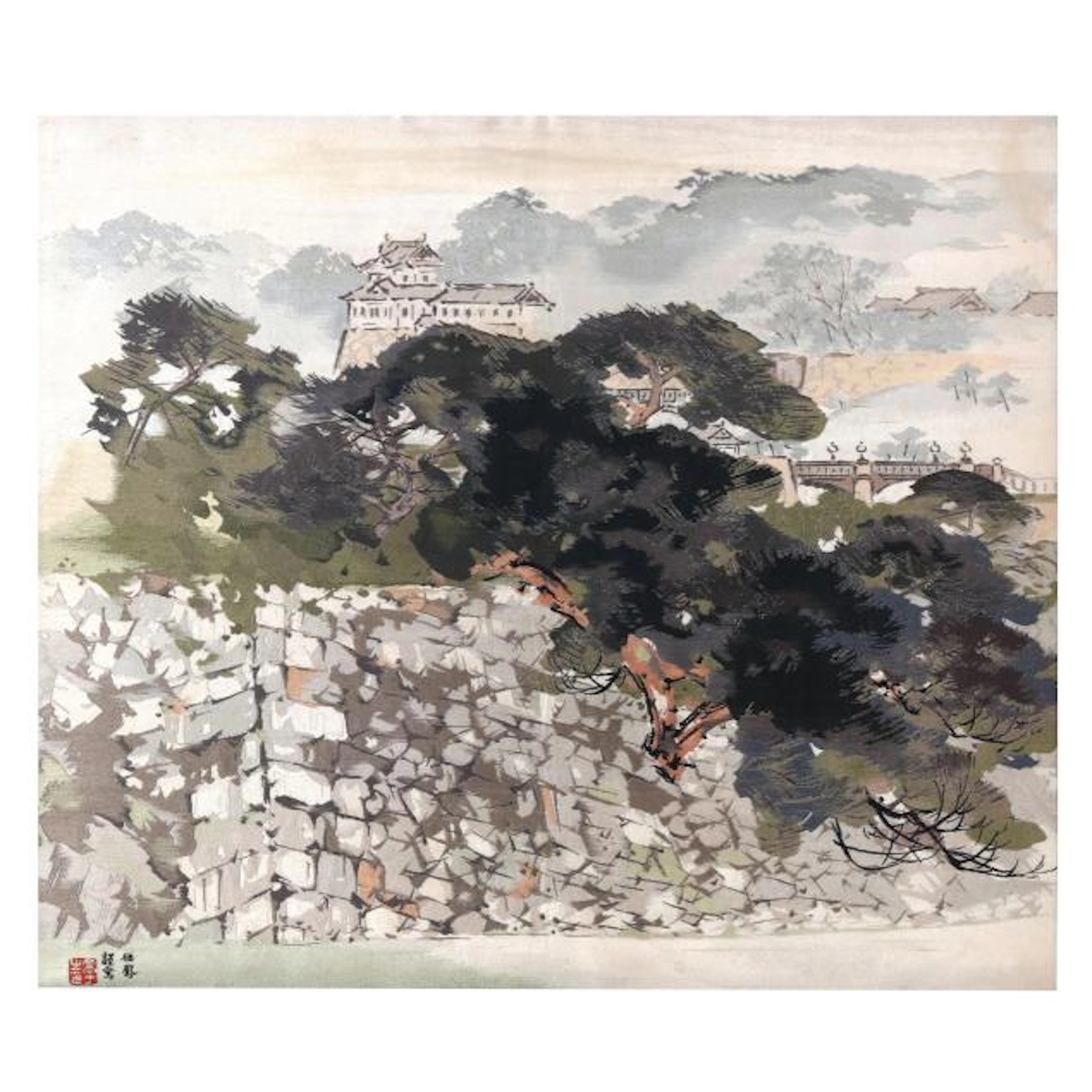 After Takeuchi Seiho (Japanese, 1864–1942), Woven Tapestry of a Japanese Castle