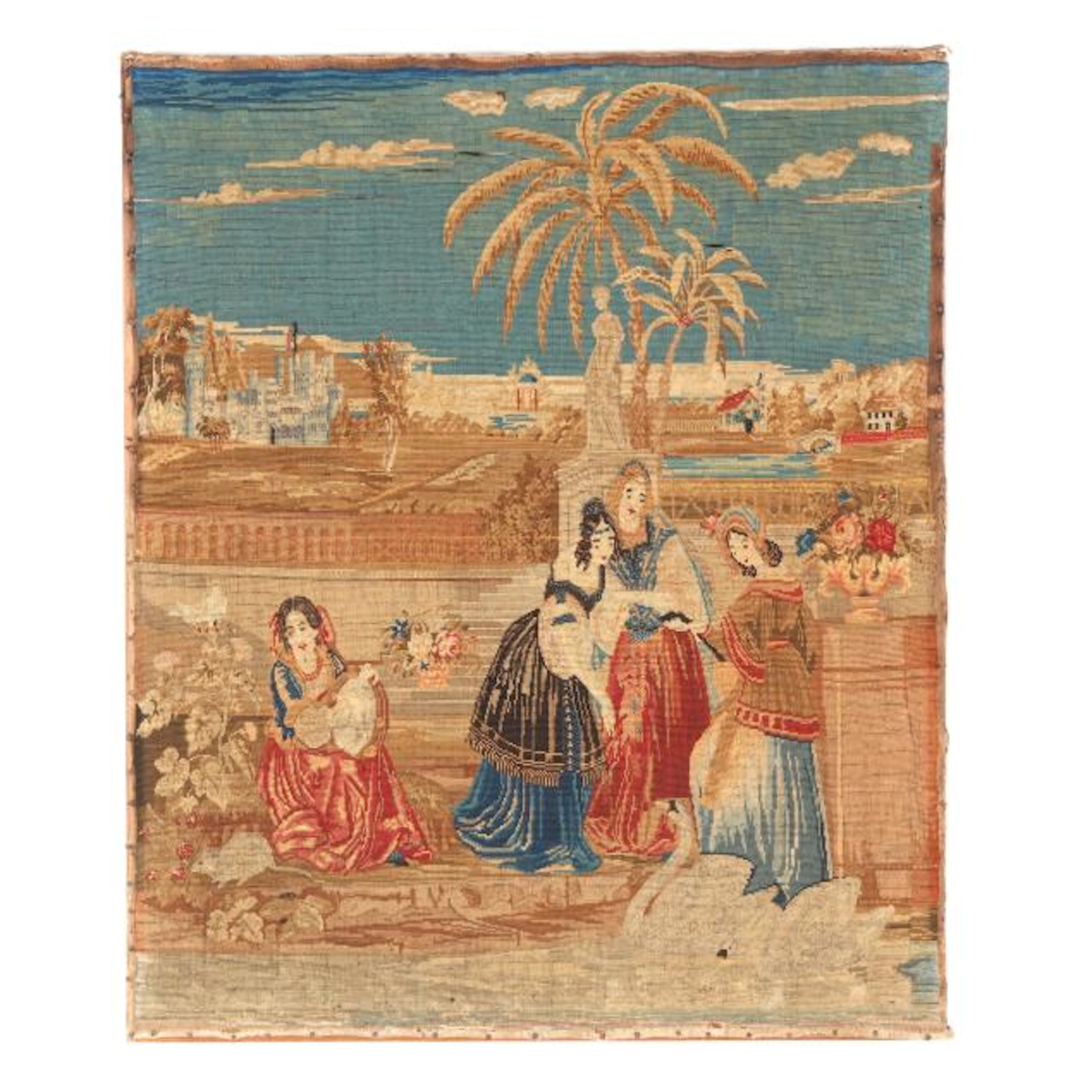 Antique Needlepoint of Ladies Collecting Water
