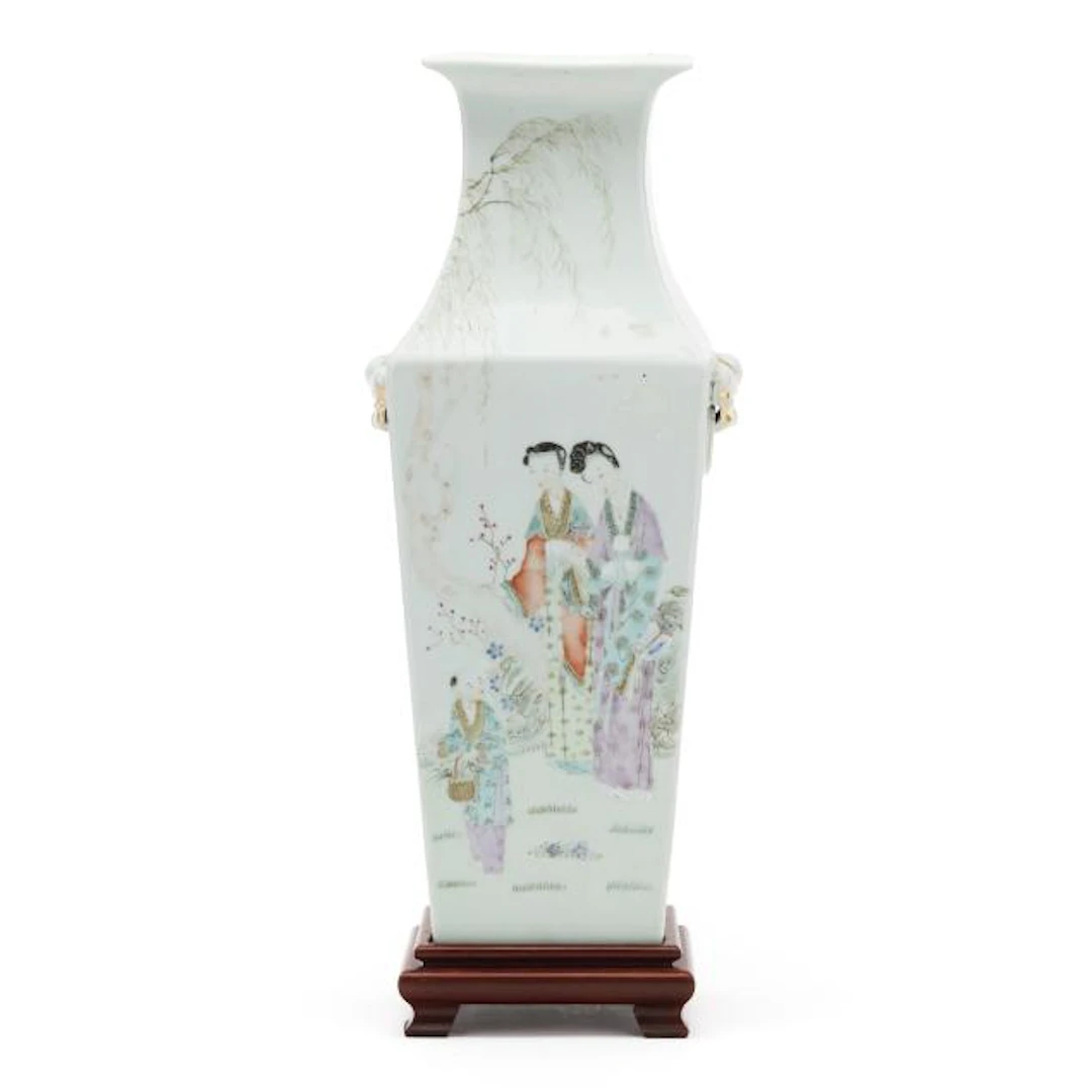 A Very Fine Chinese Square Famille Rose Vase with Figures and Inscriptions