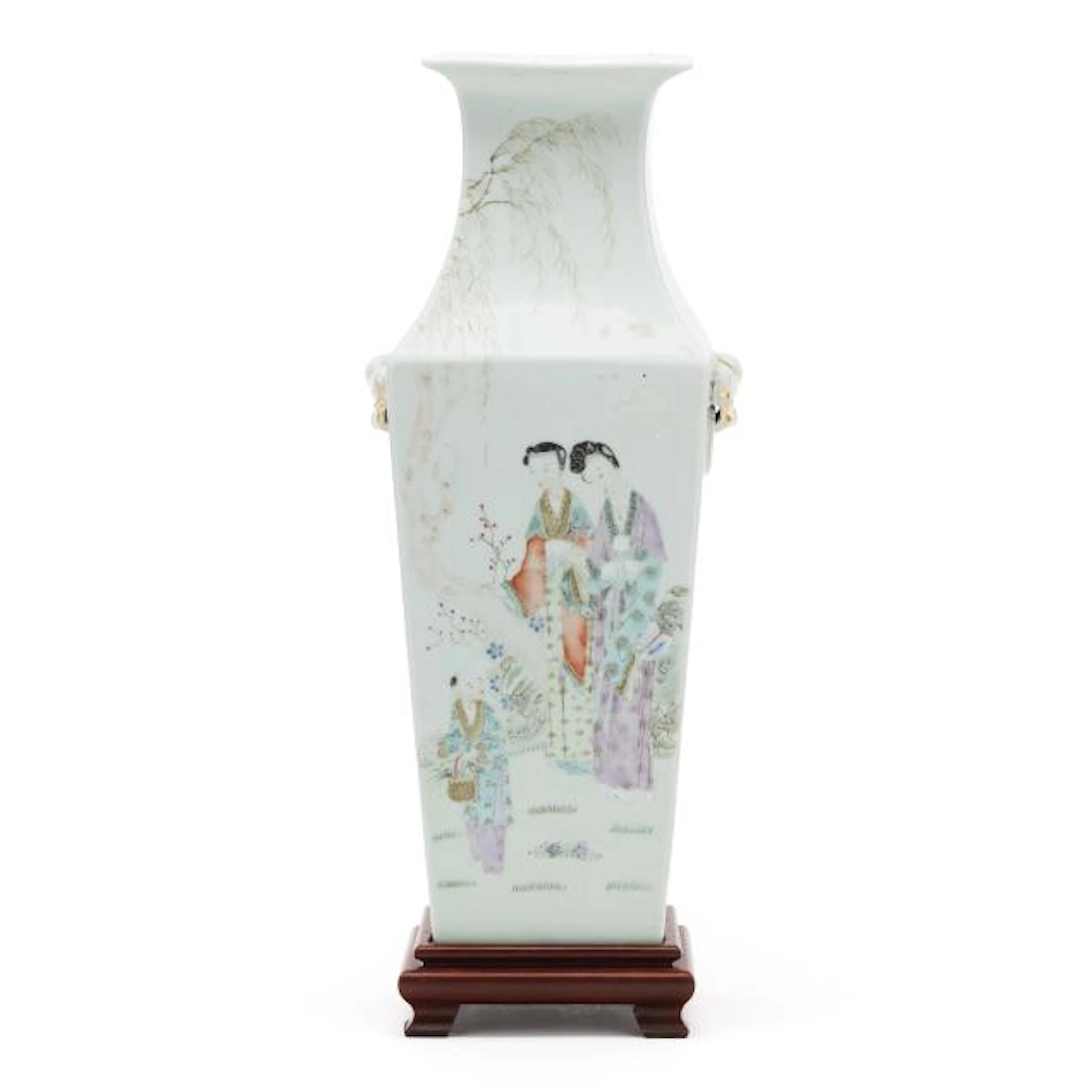 A Very Fine Chinese Square Famille Rose Vase with Figures and Inscriptions