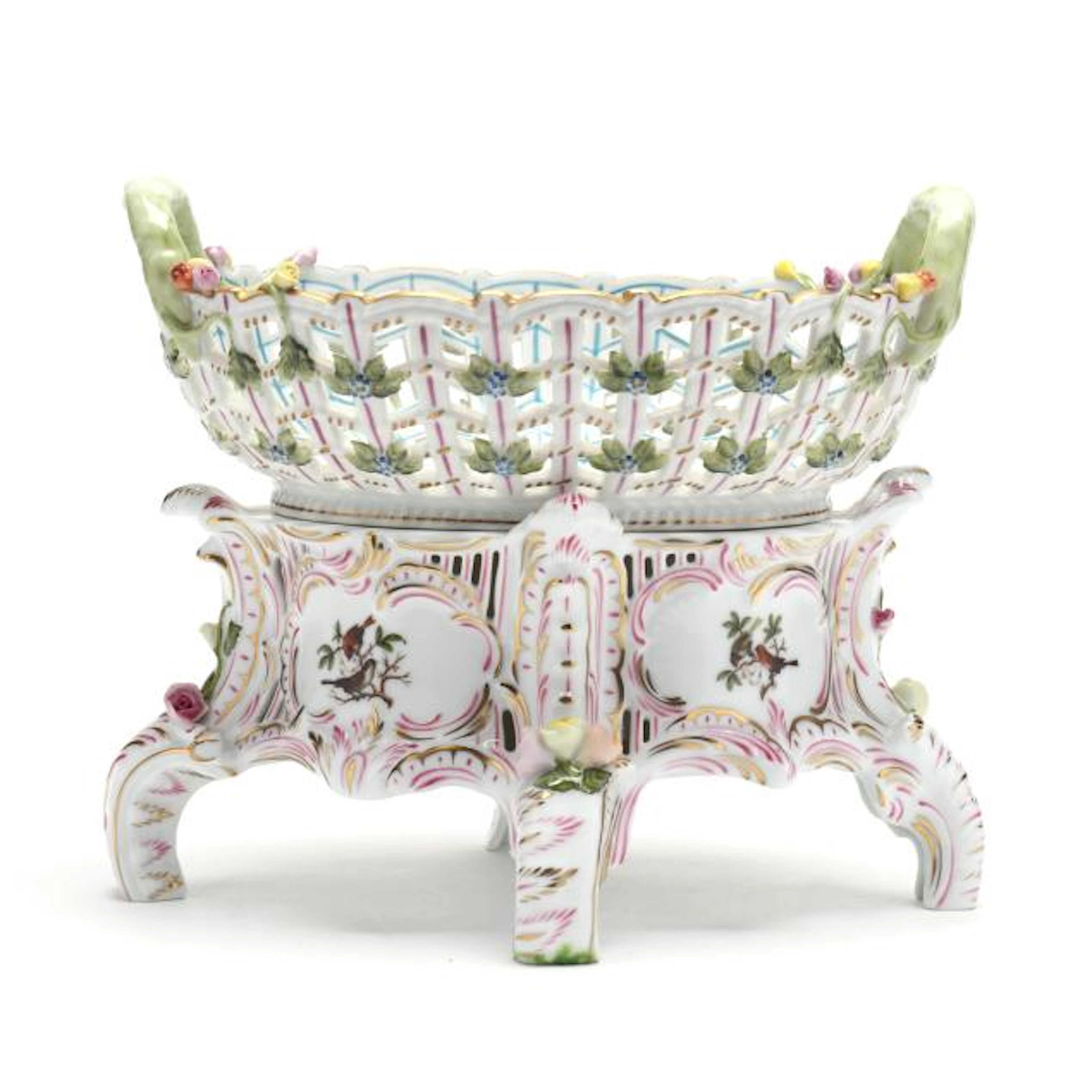 Herend Rothschild Bird Fruit Basket on Stand