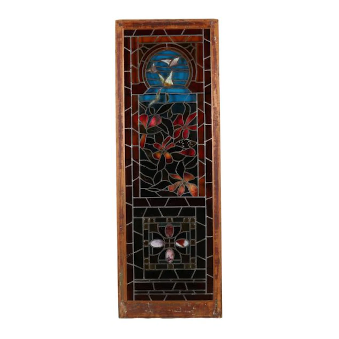 Large Vintage Stained Glass Panel with Florals and Birds