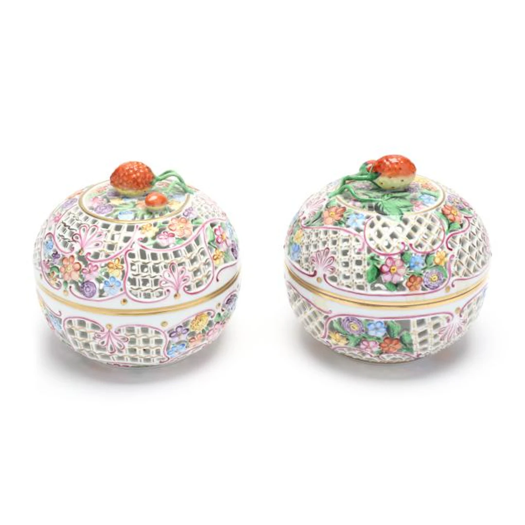Pair of Herend Reticulated Lidded Baskets