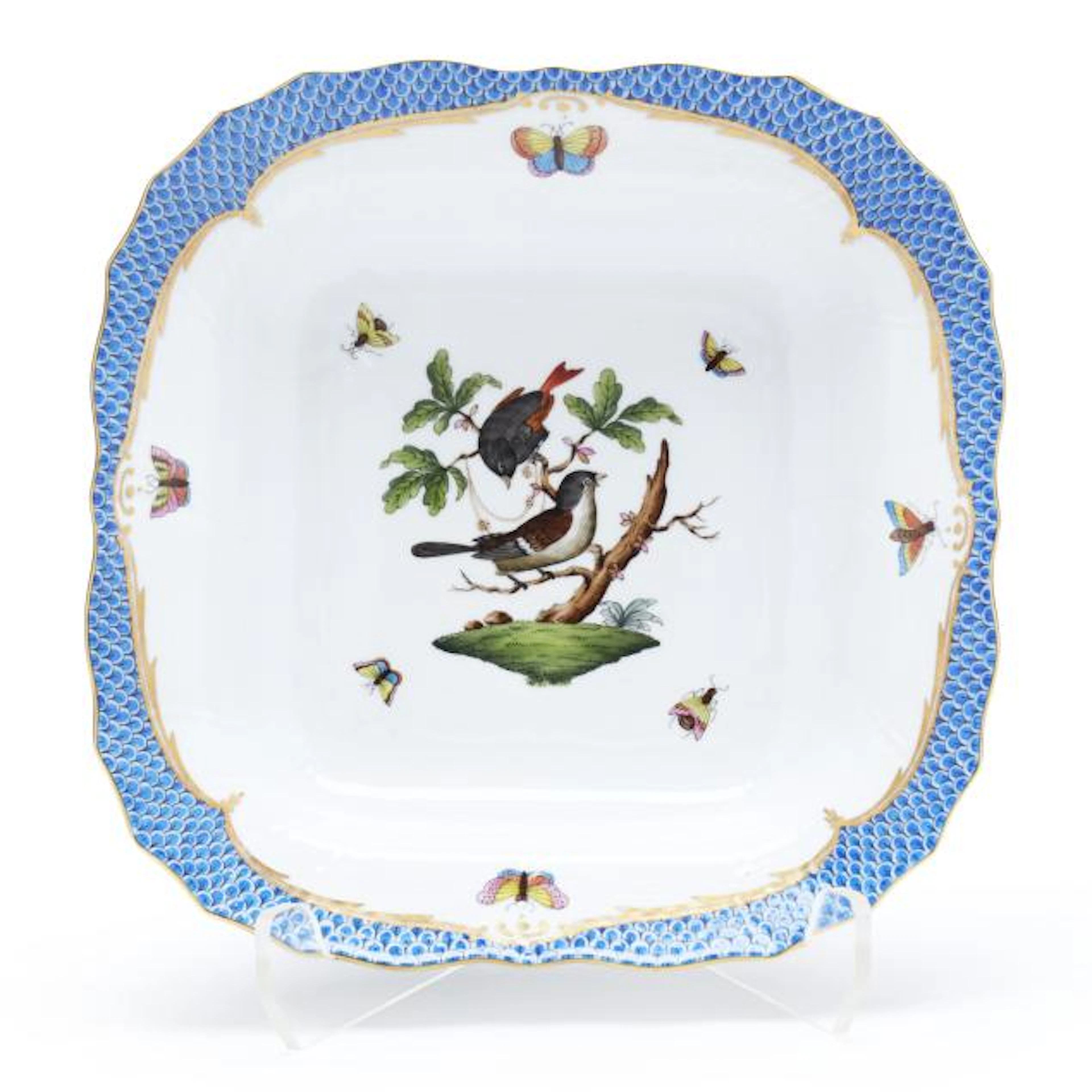 Two Herend Rothschild Bird Blue Border Serving Dishes