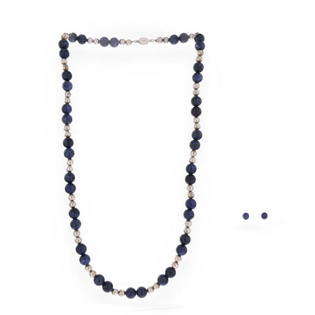 Silver and Sodalite Bead Necklace and a Pair of Lapis Lazuli Earrings