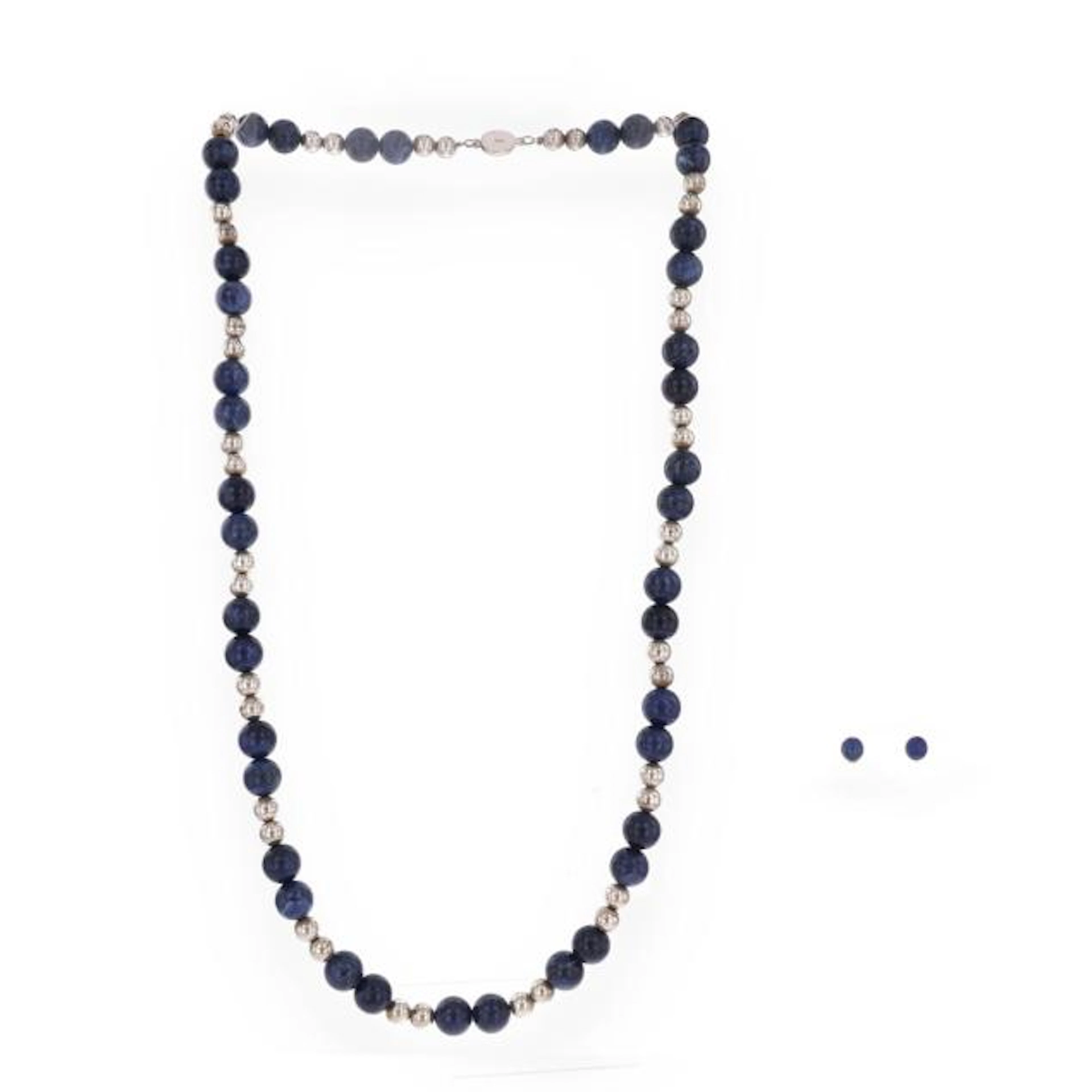 Silver and Sodalite Bead Necklace and a Pair of Lapis Lazuli Earrings