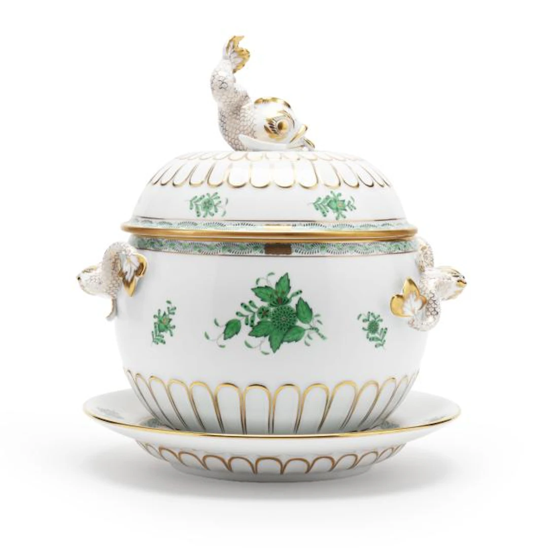 Herend Chinese Bouquet Green Lidded Dolphin Tureen with Underplate