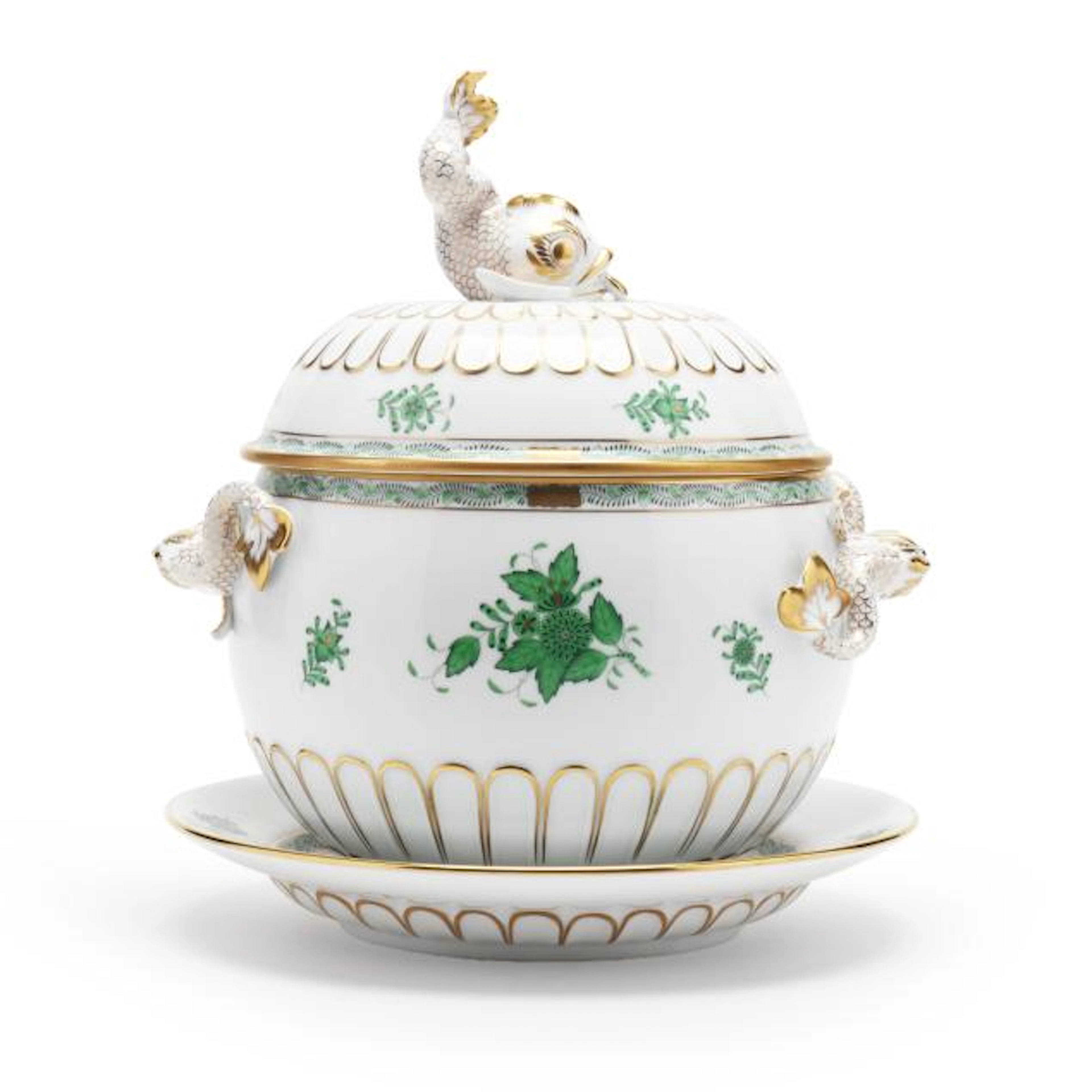 Herend Chinese Bouquet Green Lidded Dolphin Tureen with Underplate