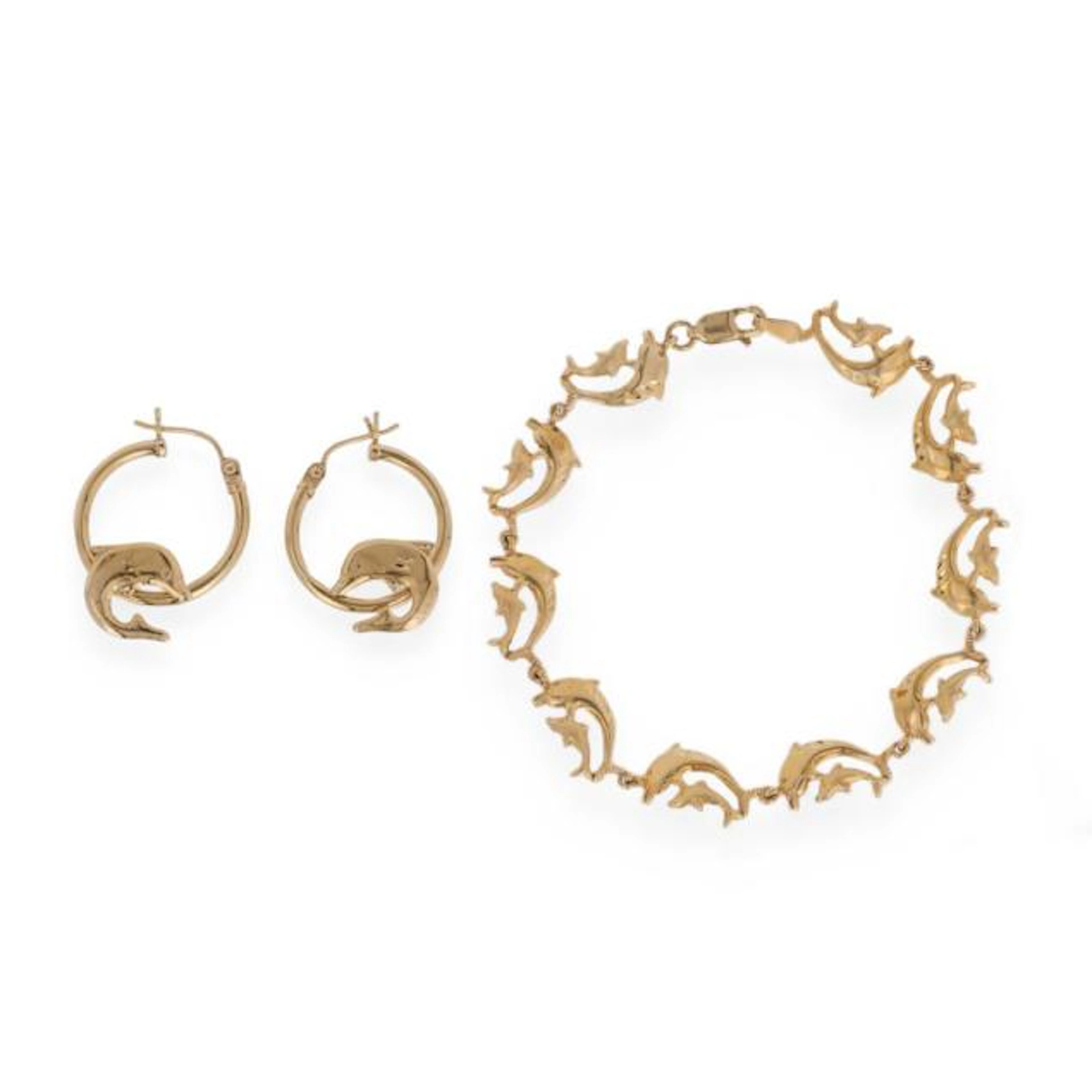 Gold Dolphin Motif Bracelet and Earrings