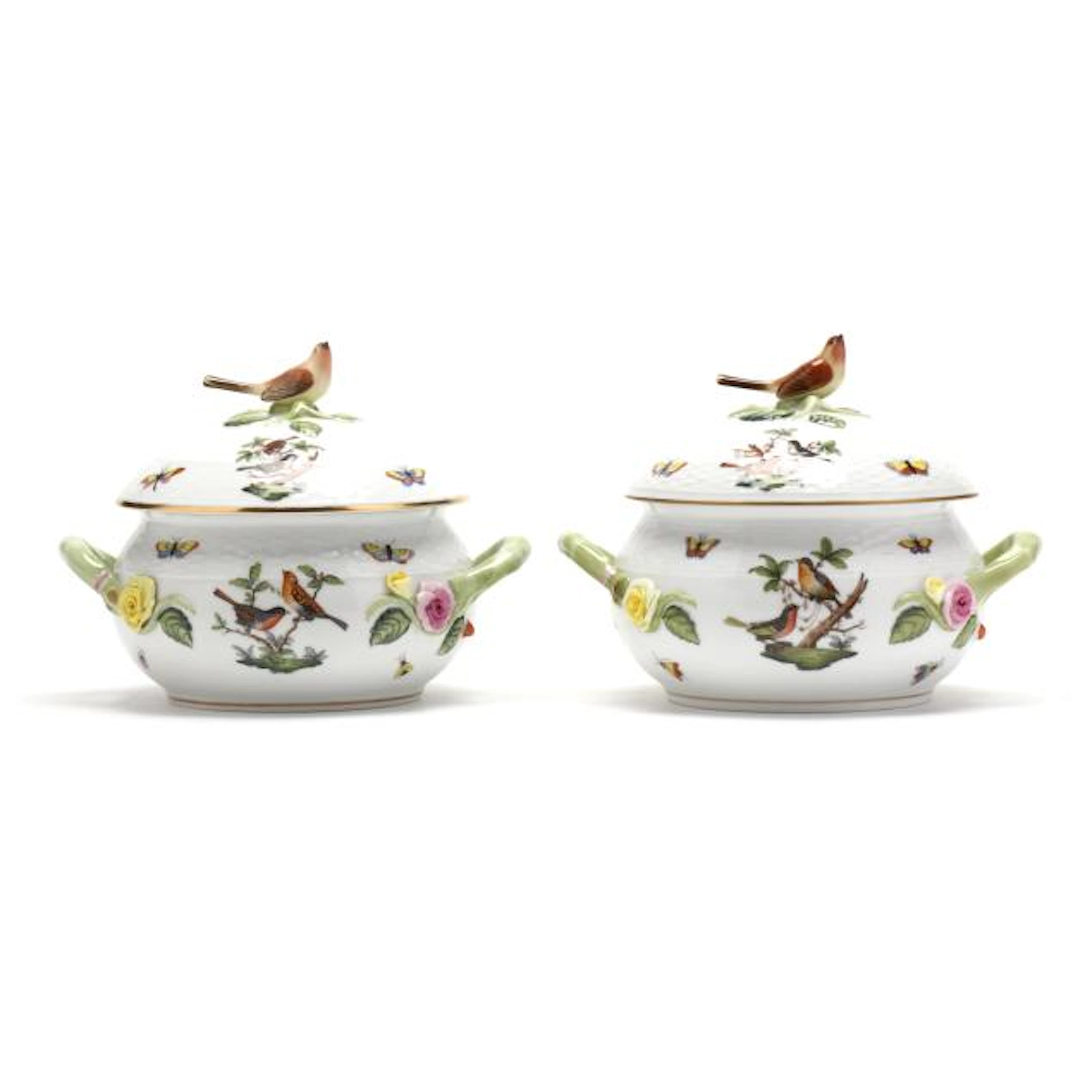 A Pair of Herend Rothschild Bird Lidded Bean Pots