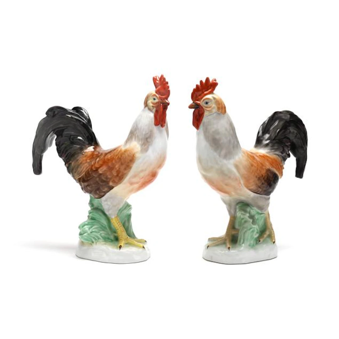A Pair of Large Herend Natural Roosters