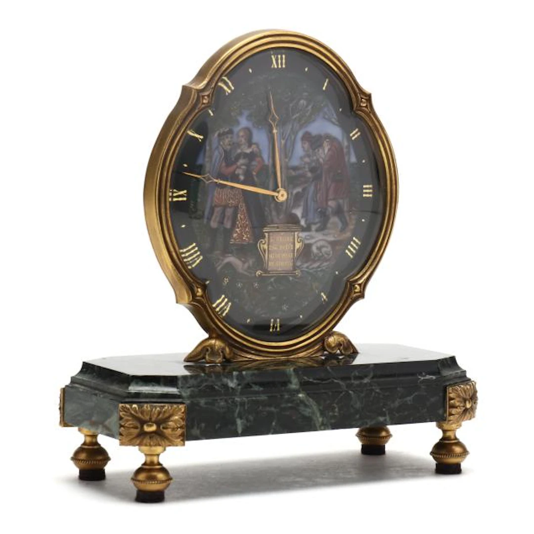 "Ages of Life" Enamel and Ormolu Eight Days Table Clock, Henri Blanc, Geneve