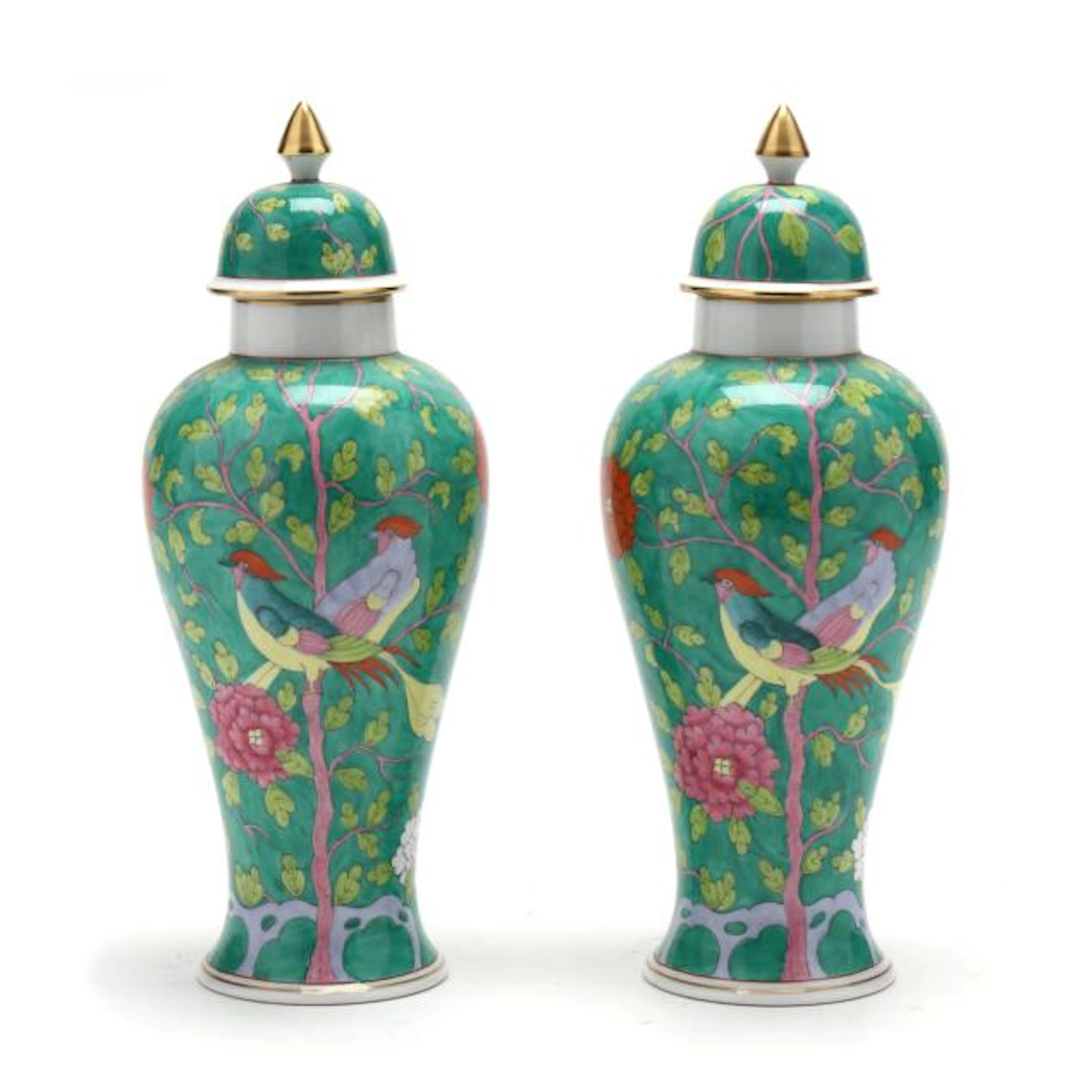Pair of Herend Macao Verdi Lidded Urns