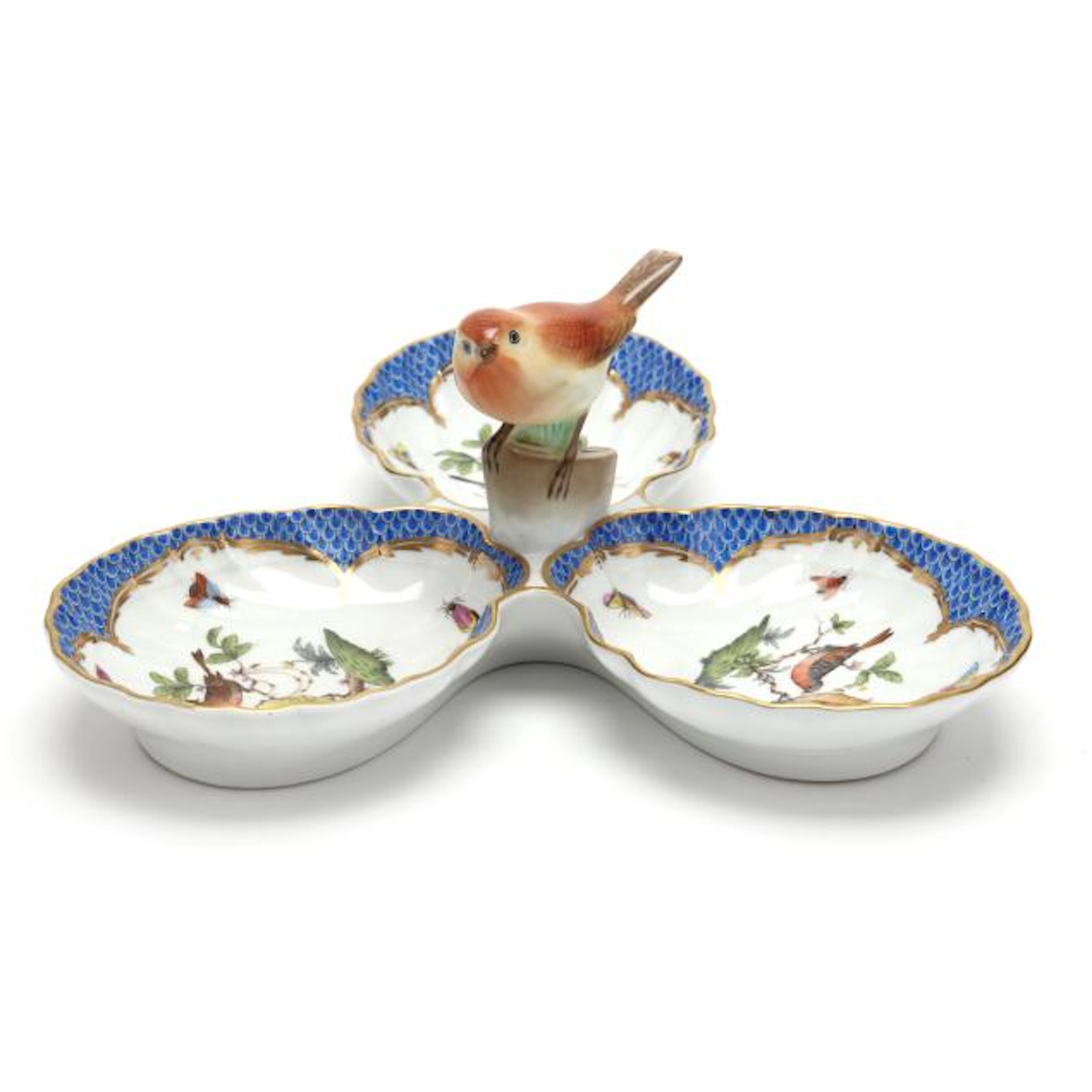 Herend Rothschild Bird Blue Border Three-Part Relish Dish