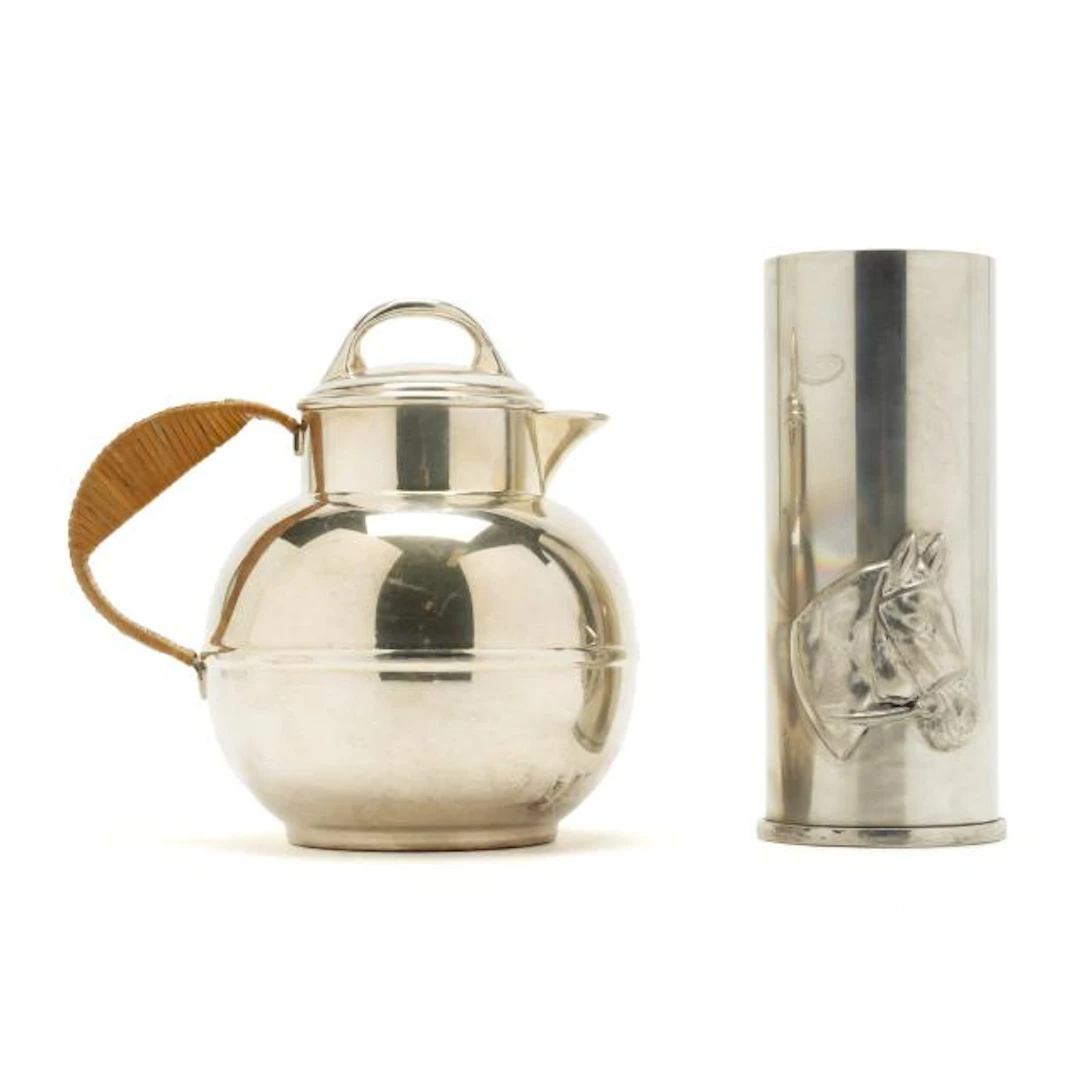 Mid-Century Silver-Plated Teapot and Equestrian Theme Bud Vase
