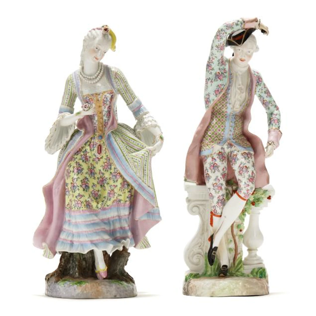 Pair of Large Meissen-Style Porcelain Figures, Rococo Style Courting Couple