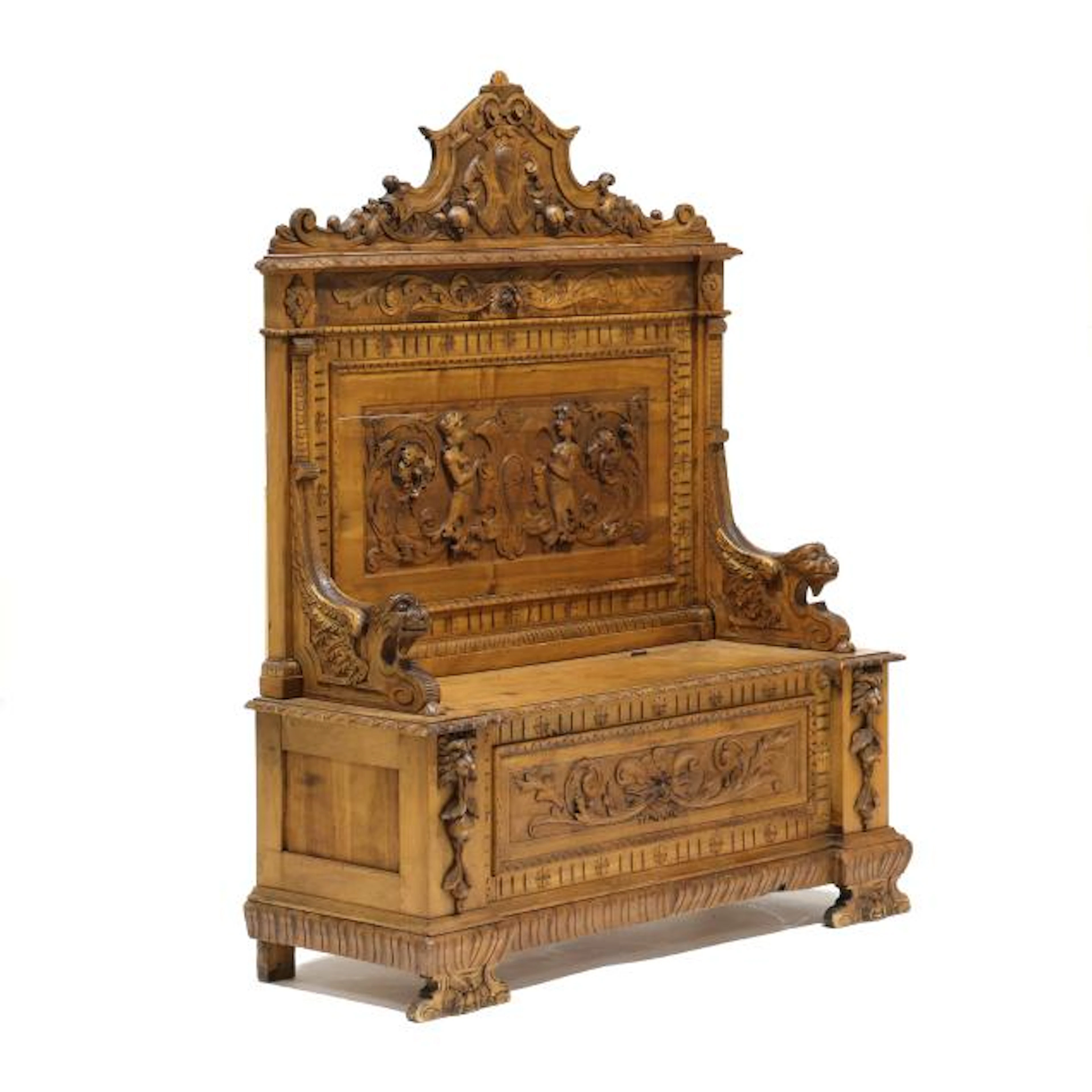 Renaissance Revival Carved Walnut Storage Bench