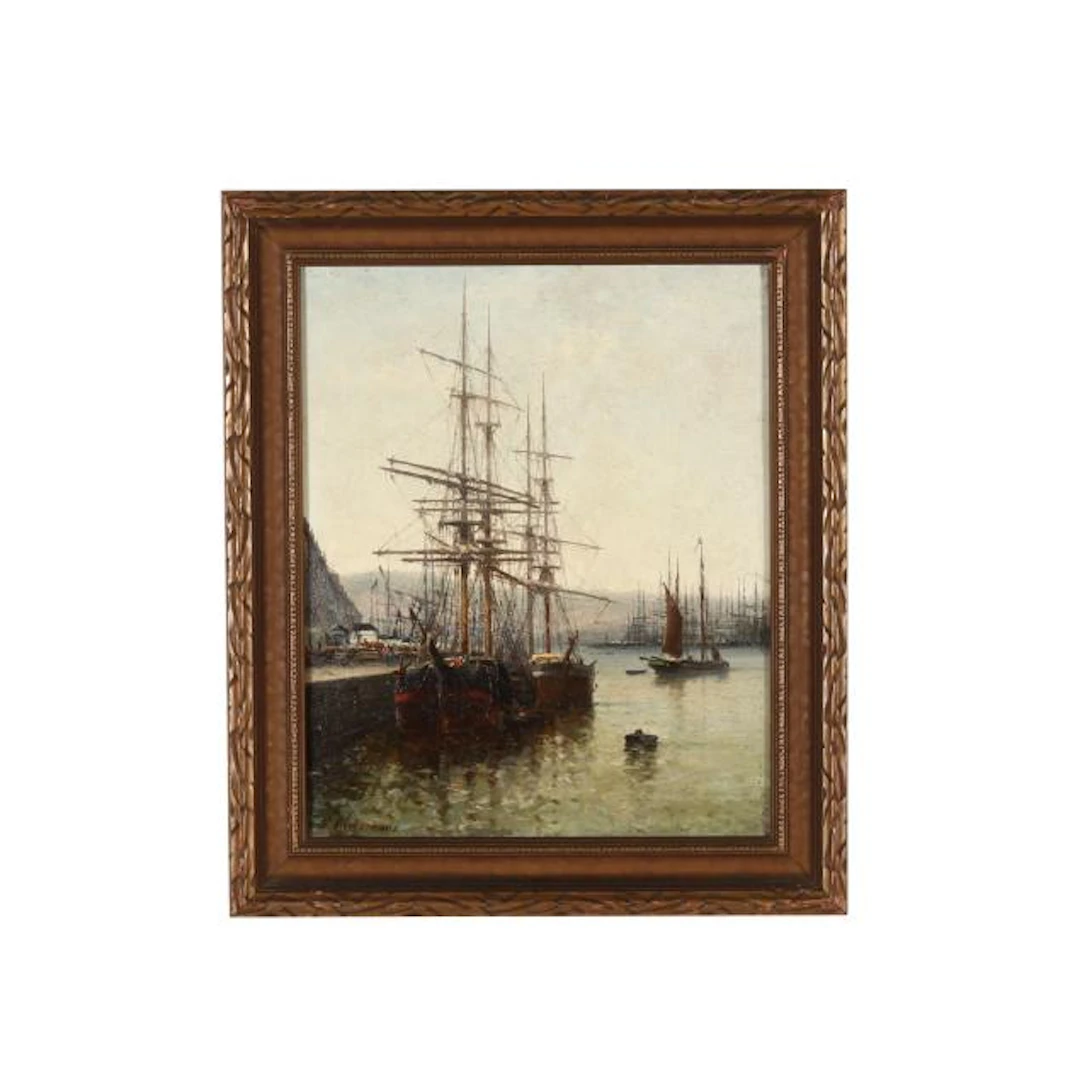 Louis Etienne Timmermans (Belgian, 1846-1910), Ships Moored at Harbor