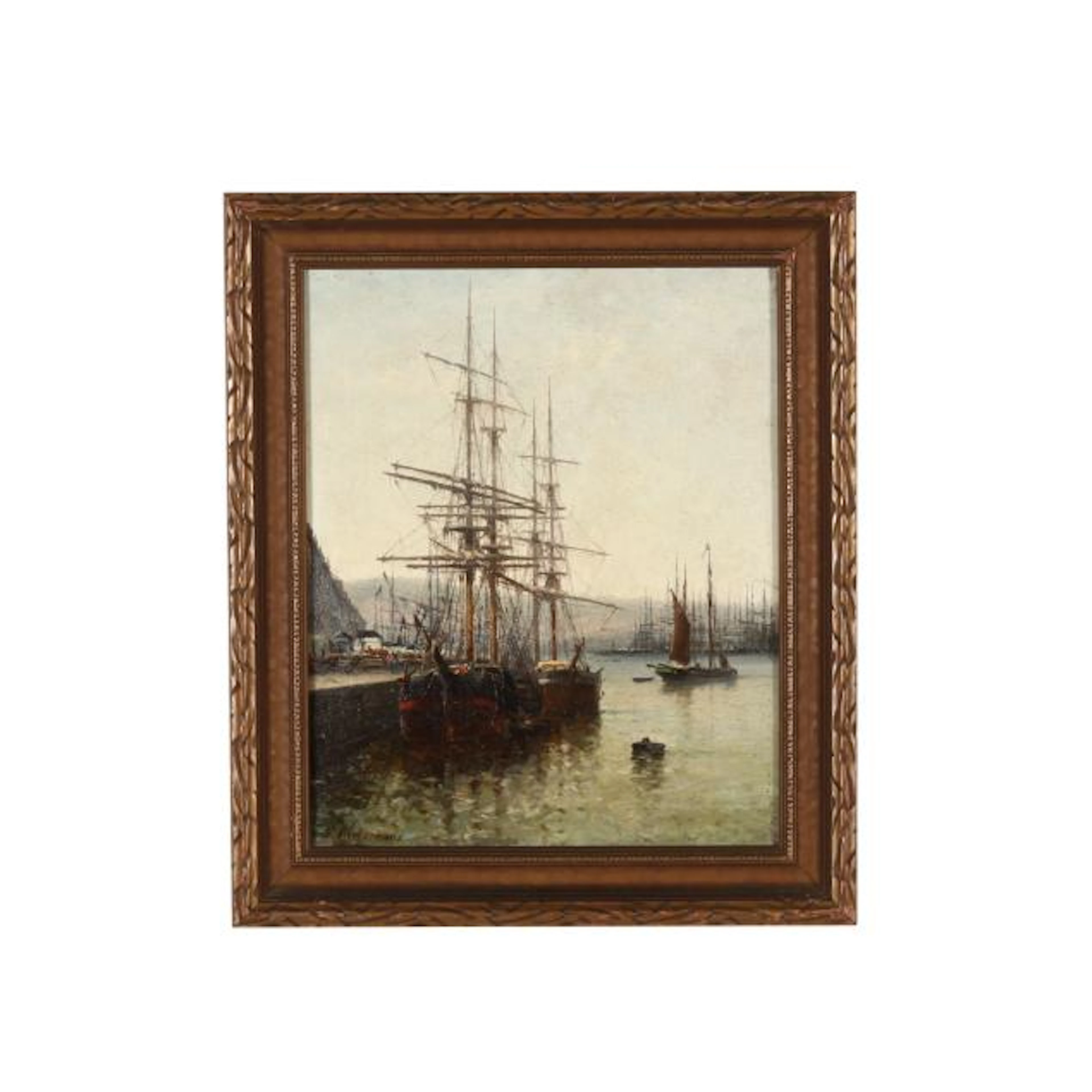 Louis Etienne Timmermans (Belgian, 1846-1910), Ships Moored at Harbor