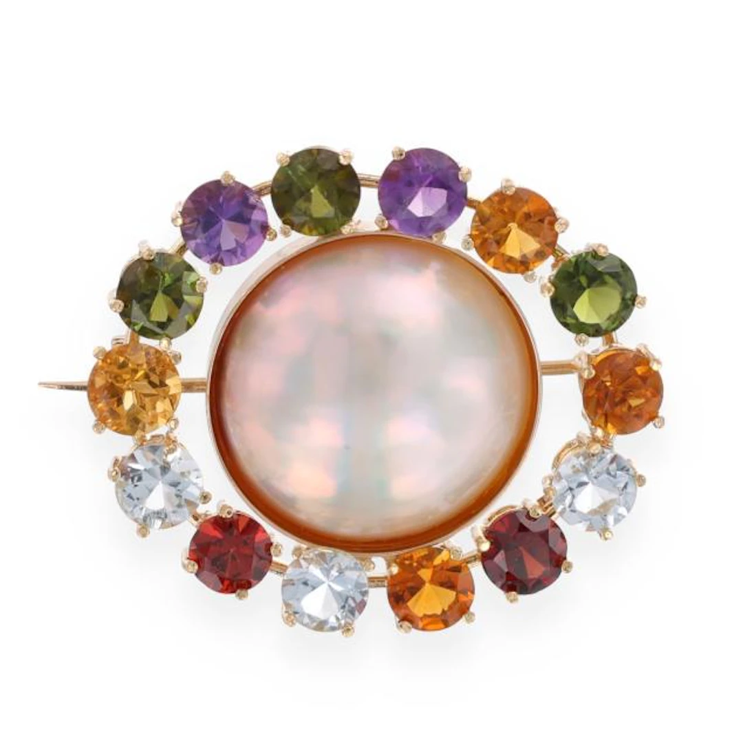 Gold, Mabé Pearl, and Gem-Set Brooch