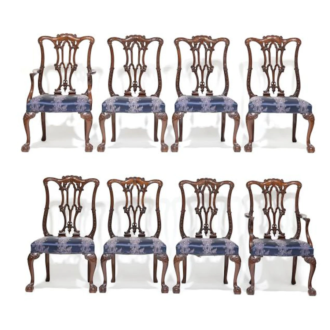 Set of Eight Carved Mahogany Chippendale Style Dining Chairs