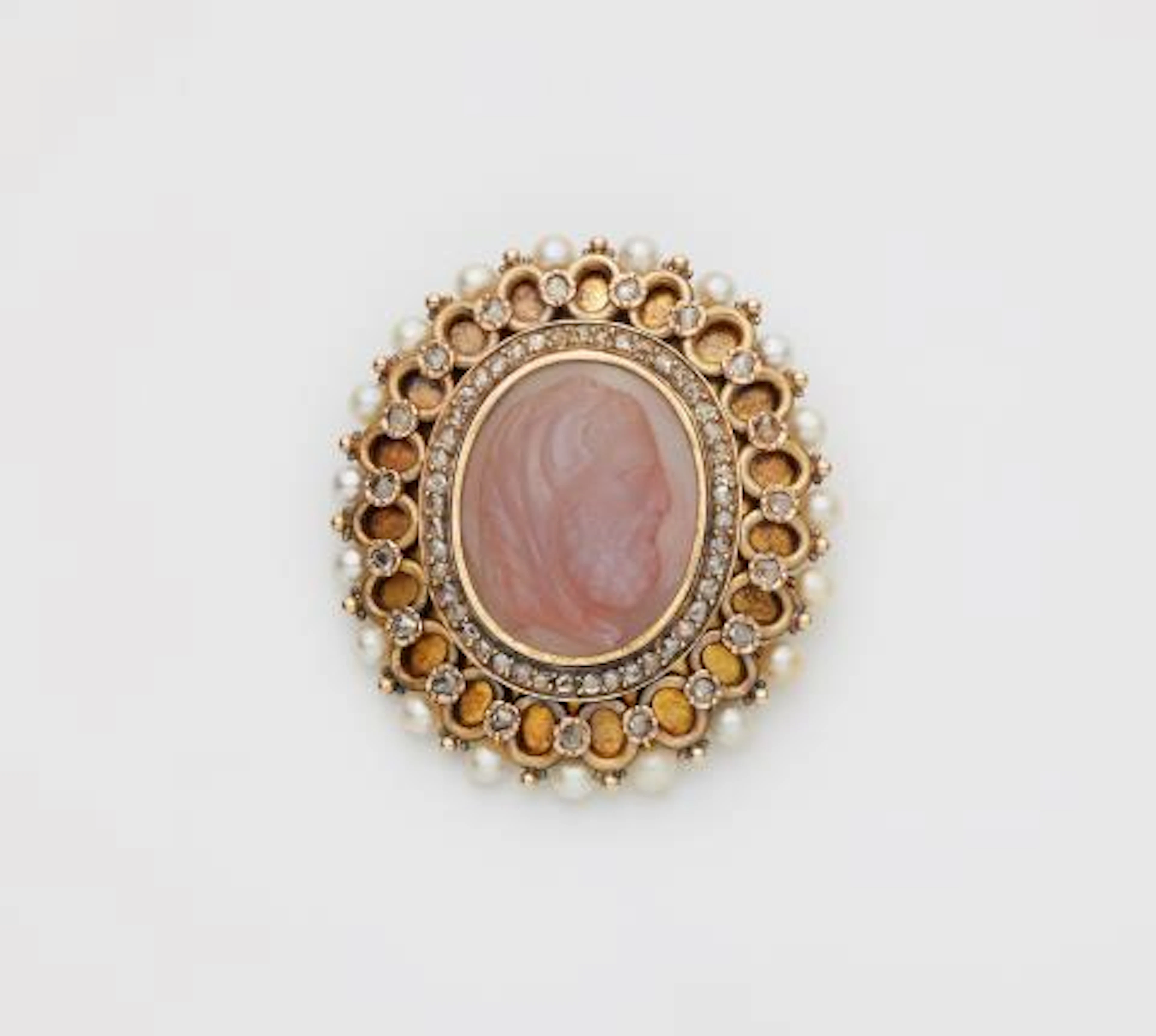 An Austrian 14k gold diamond pearl and chalcedony cameo historicist