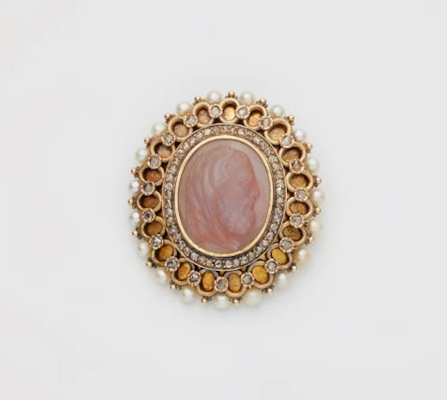 An Austrian 14k gold diamond pearl and chalcedony cameo historicist