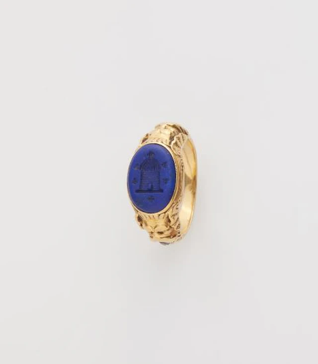 An 18k yellow gold ruby and lapis lazuli intaglio Renaissance Revival