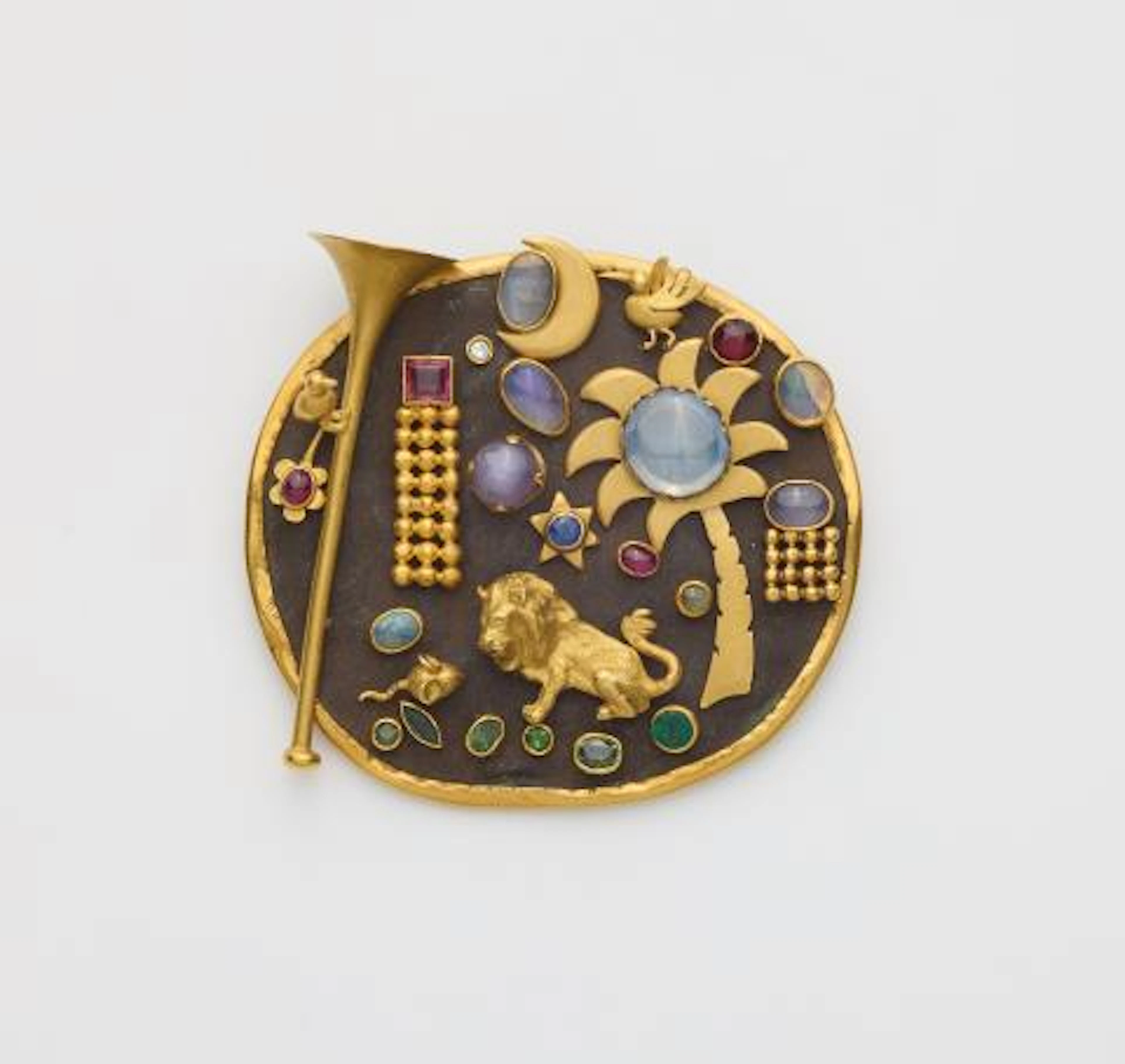 A German 18k yellow gold iron sheet diamond and coloured gemstone