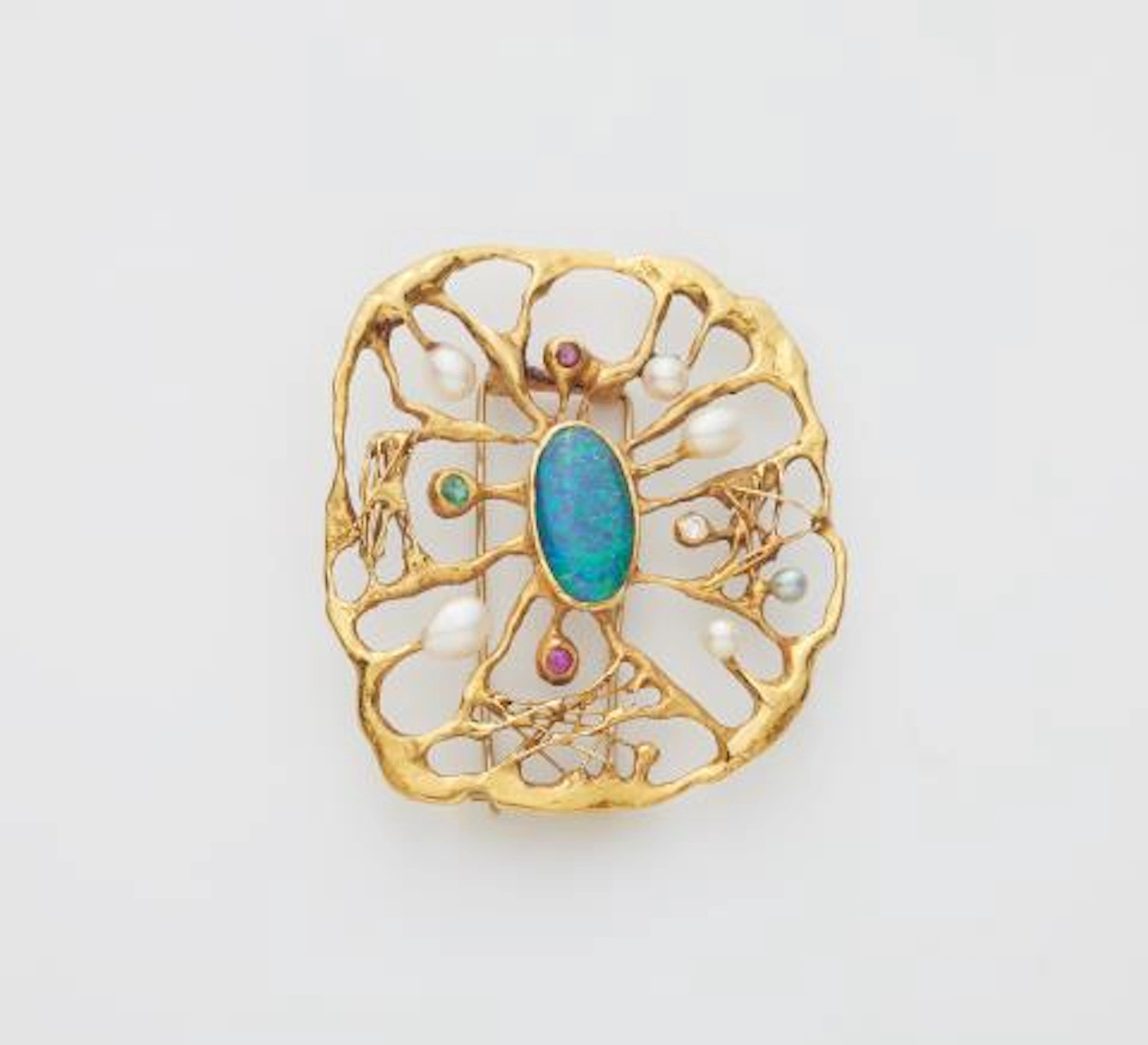 A German hand-forged 18k gold cultured pearl ruby emerald opal and