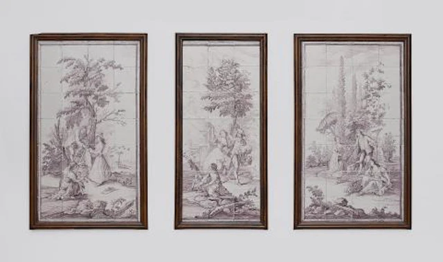 Three faience tile pictures with allegories by Jan Aalmis the Younger