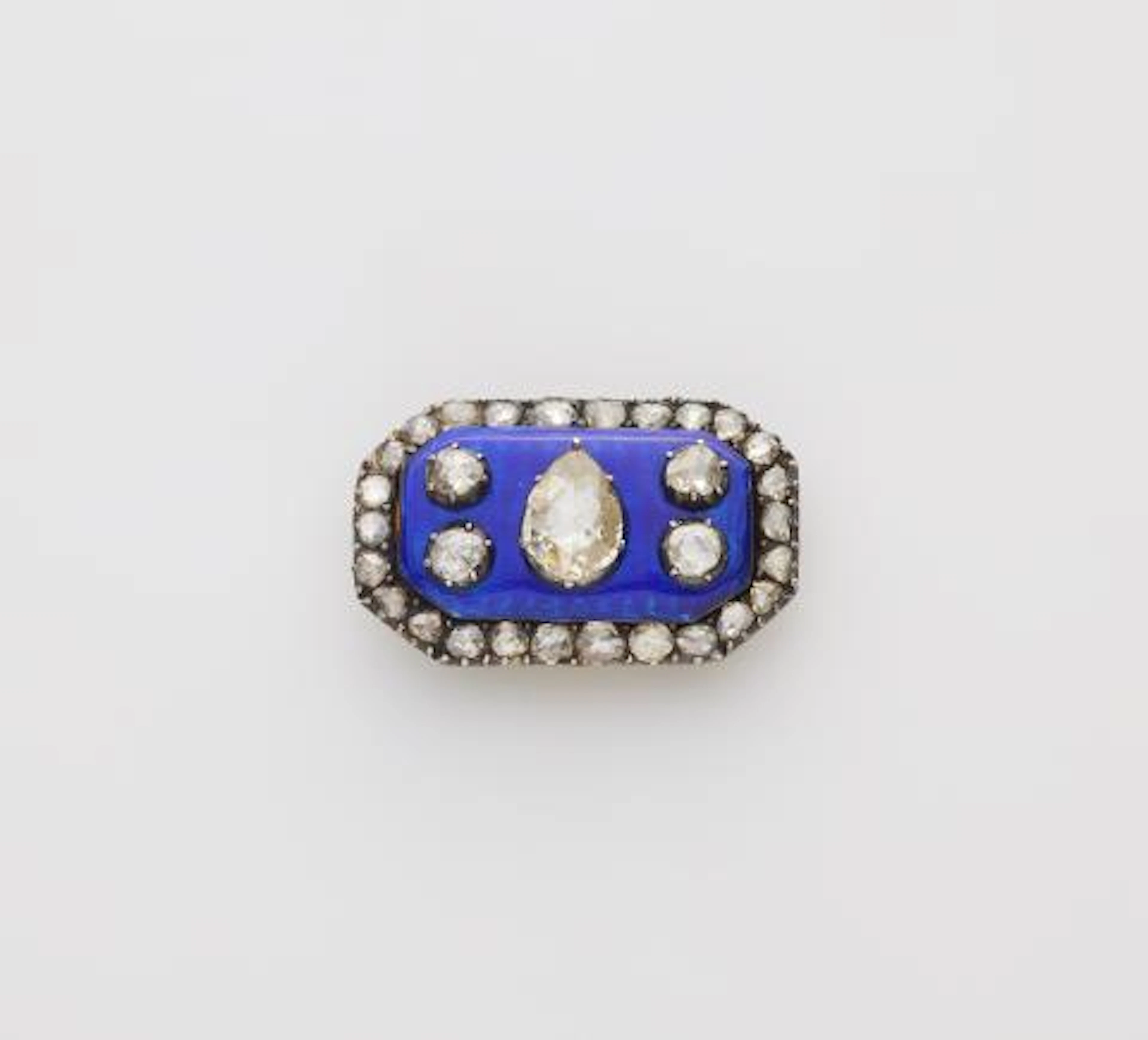 A silver and Royal blue guilloche enamel and foiled rose-cut diamond