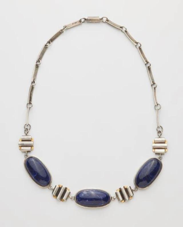 A French silver gold and sodalite cabochon Art Déco necklace.