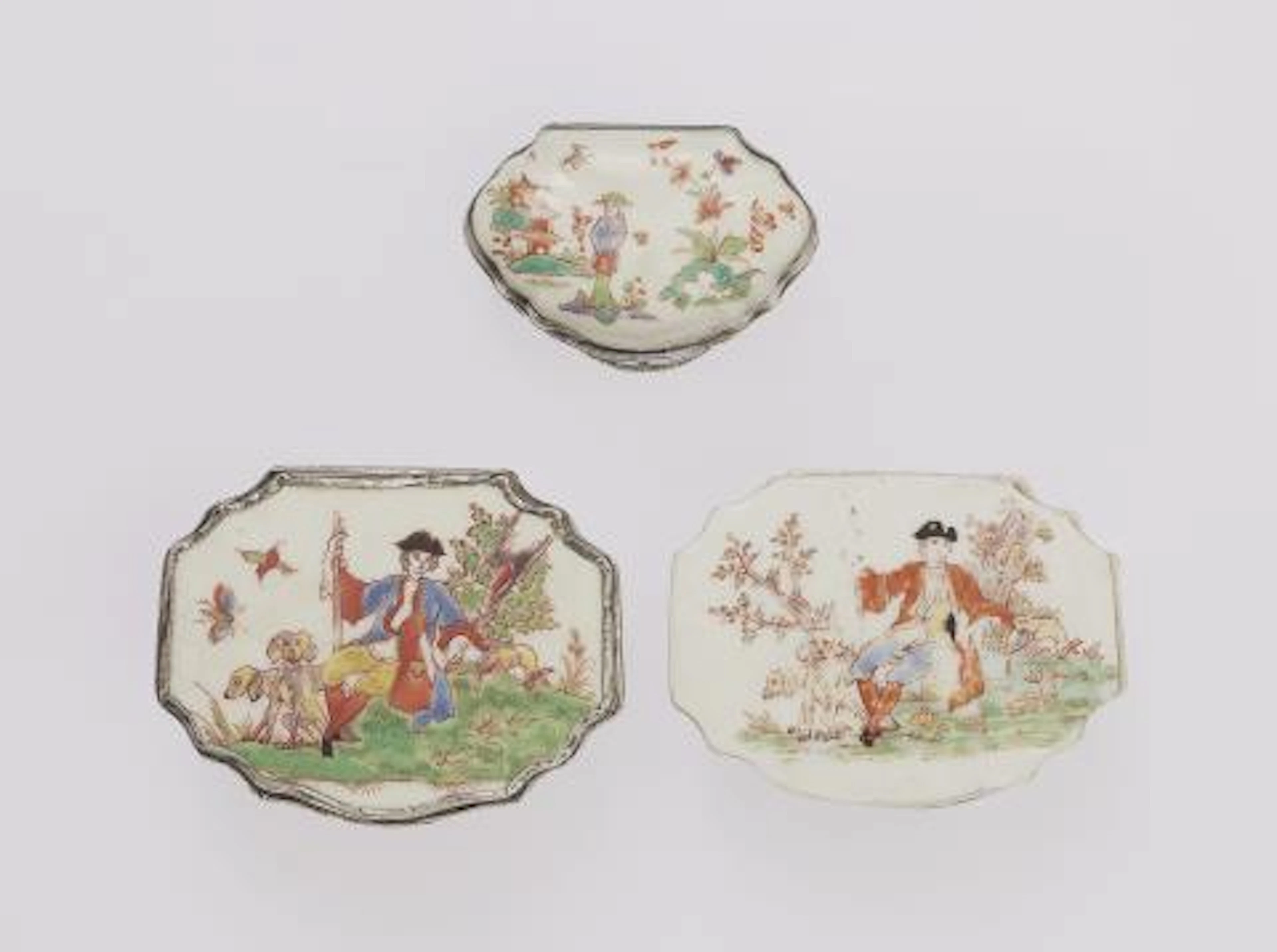 Three French soft paste porcelain snuff boxes