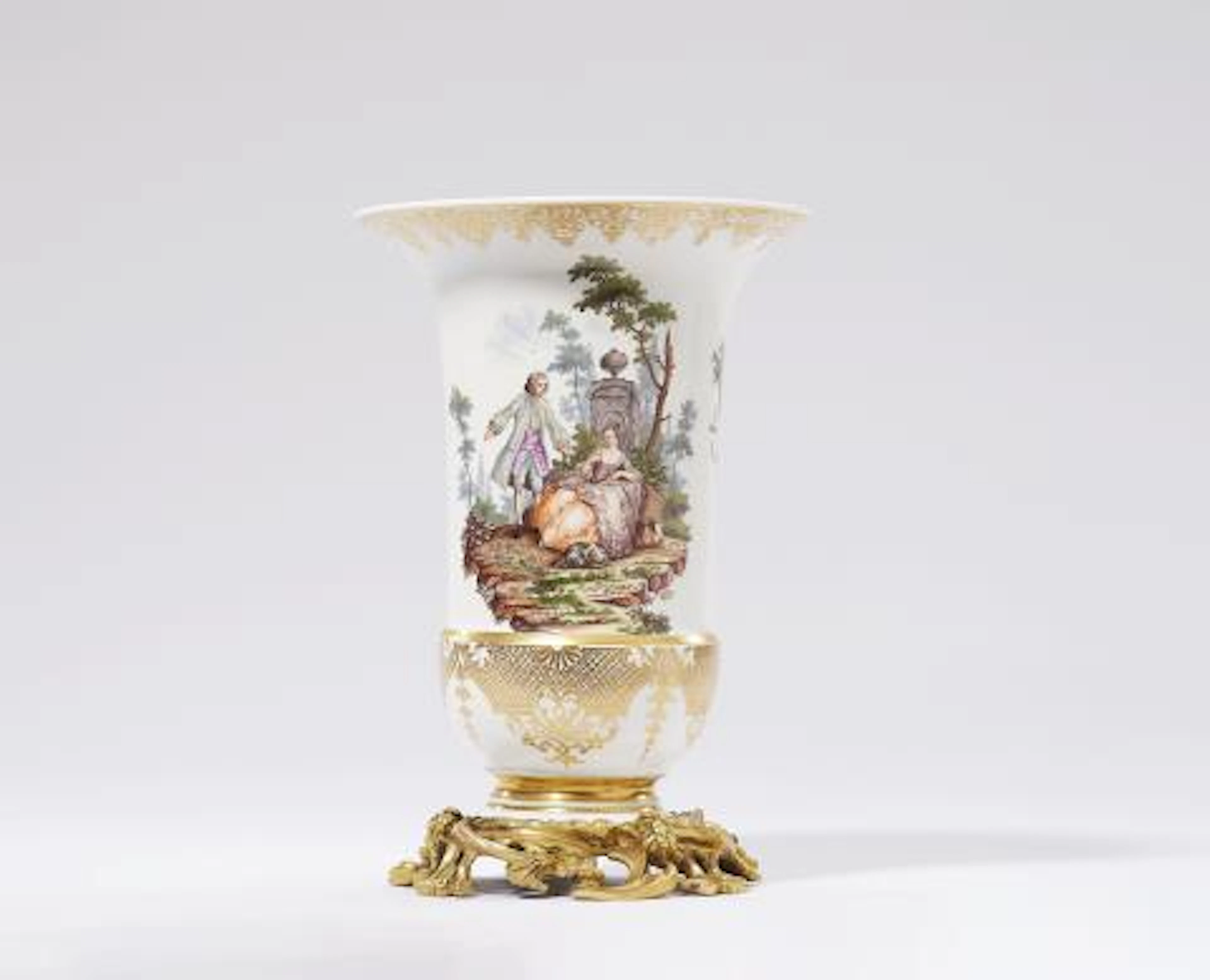 A Meissen porcelain Augustus Rex vase with Watteau scenes and ormolu mounts