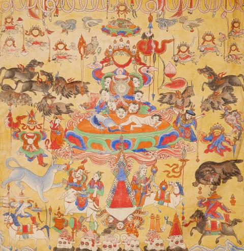 A Tibetan kangdzä offering thangka for Begtse. Distemper on cotton.