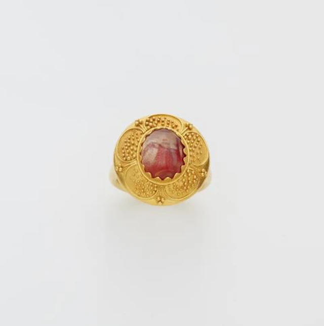 A German 18k gold granulation and ancient Roman carnelian intaglio ring.